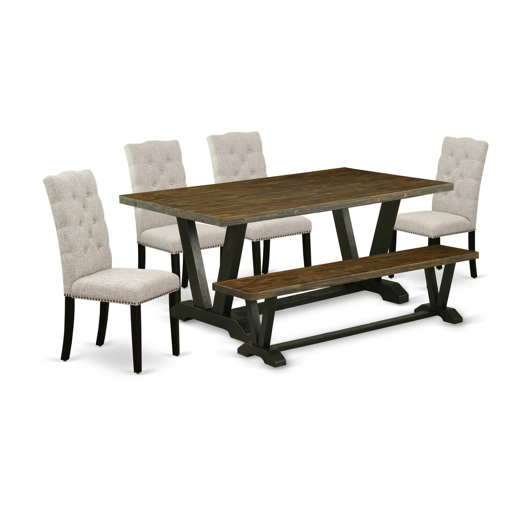 East West Furniture V677EL635-6 6 Piece Dining Table Set Contains a Rectangle Kitchen Table with V-Legs and 4 Doeskin Linen Fabric Upholstered Chairs with a Bench