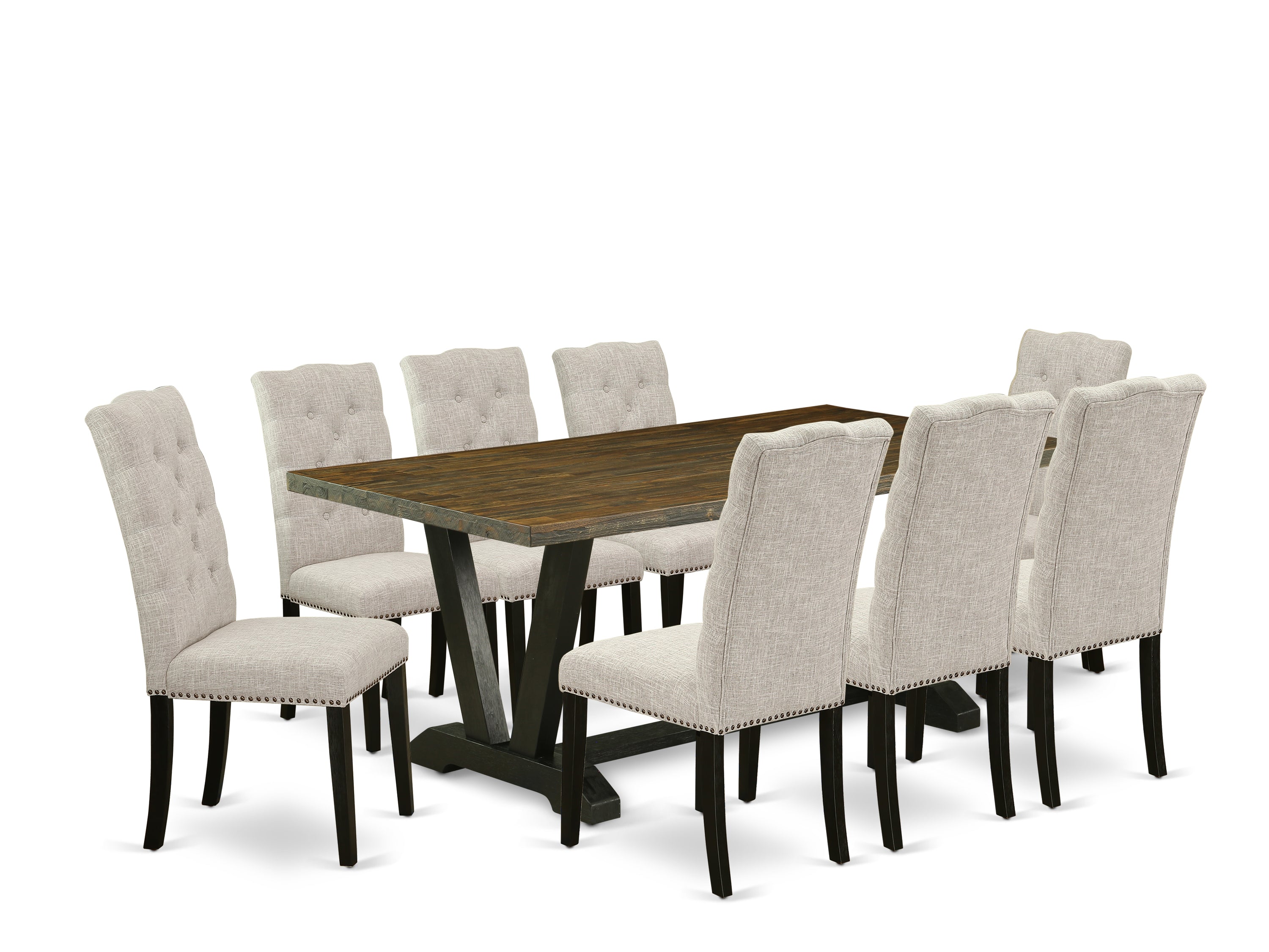 East West Furniture V677EL635-9 9-Piece Rectangular Dinette Set a Beautiful Distressed Jacobean Small Table top and 8 Wonderful dining room chairs with Nail Heads and Button Tufted, Wire Brushed Black Finish