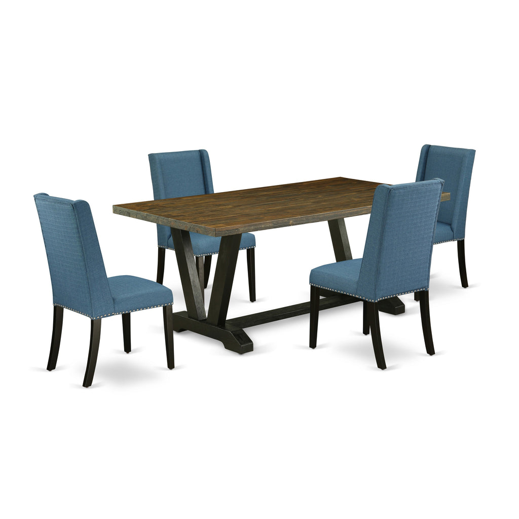 El juego de mesa de comedor de 5 piezas East West Furniture V677FL121-5 incluye una mesa de comedor rectangular con patas en V y 4 sillas Parson tapizadas en tela de lino azul.