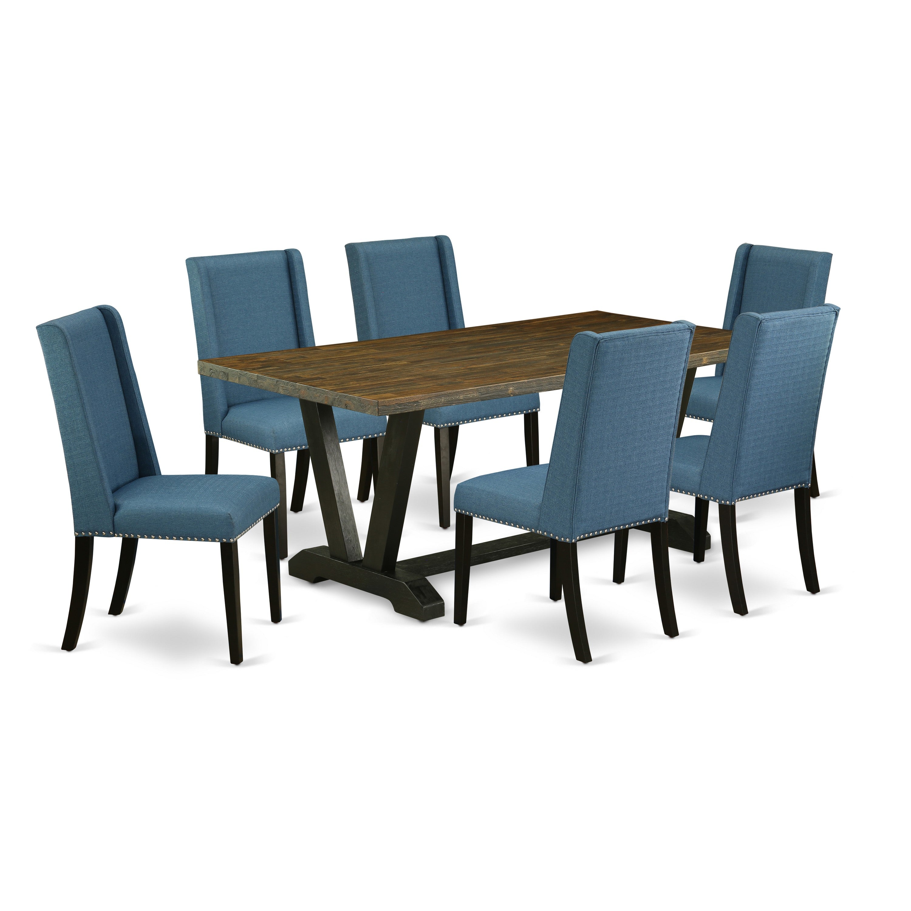 Juego de mesa y sillas de cocina de 7 piezas East West Furniture V677FL121-7. Incluye una mesa de comedor rectangular con patas en V y 6 sillas de comedor Parson de tela de lino azul.