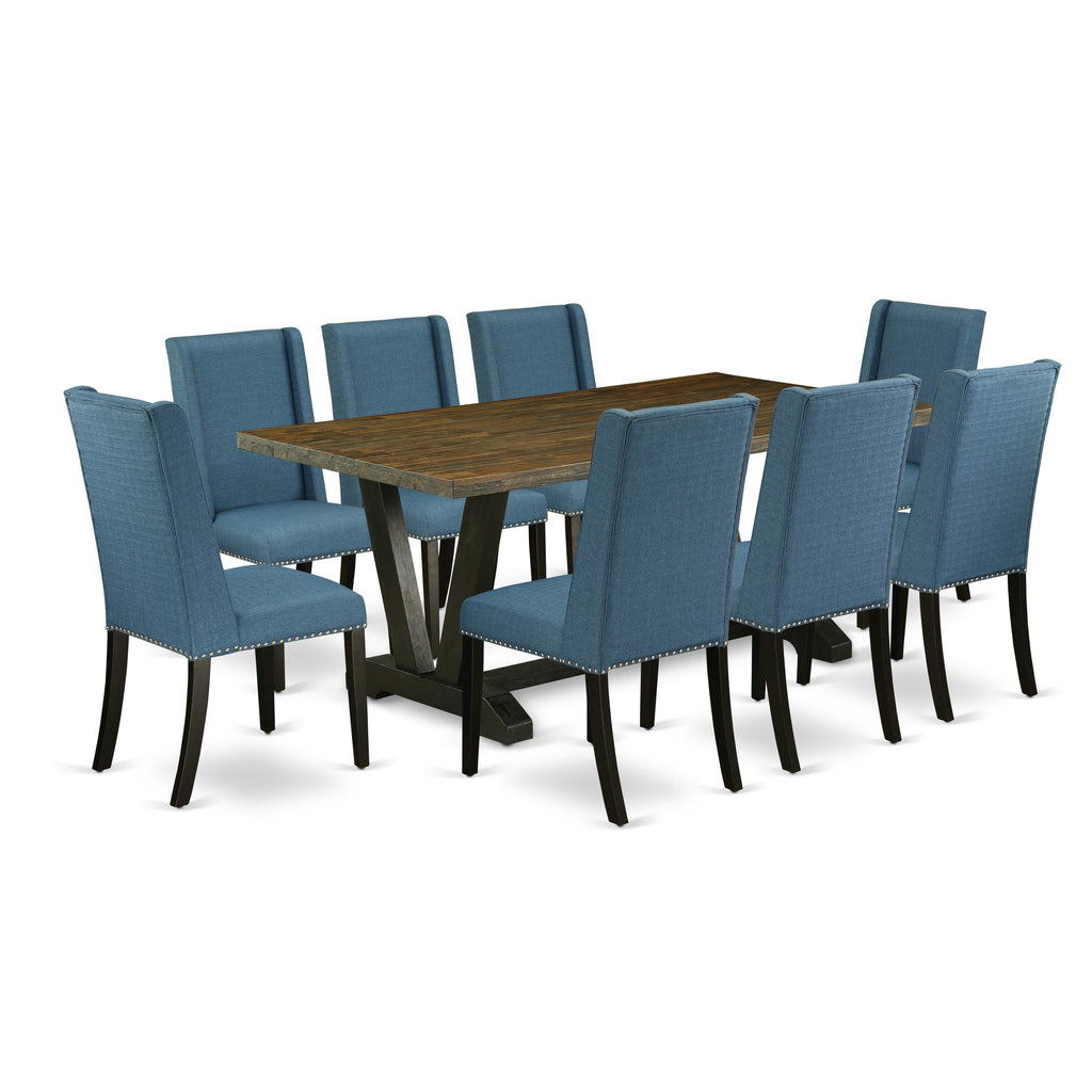 East West Furniture V677FL121-9 9 Piece Kitchen Table & Chairs Set Includes a Rectangle Dining Room Table with V-Legs and 8 Blue Linen Fabric Upholstered Chairs