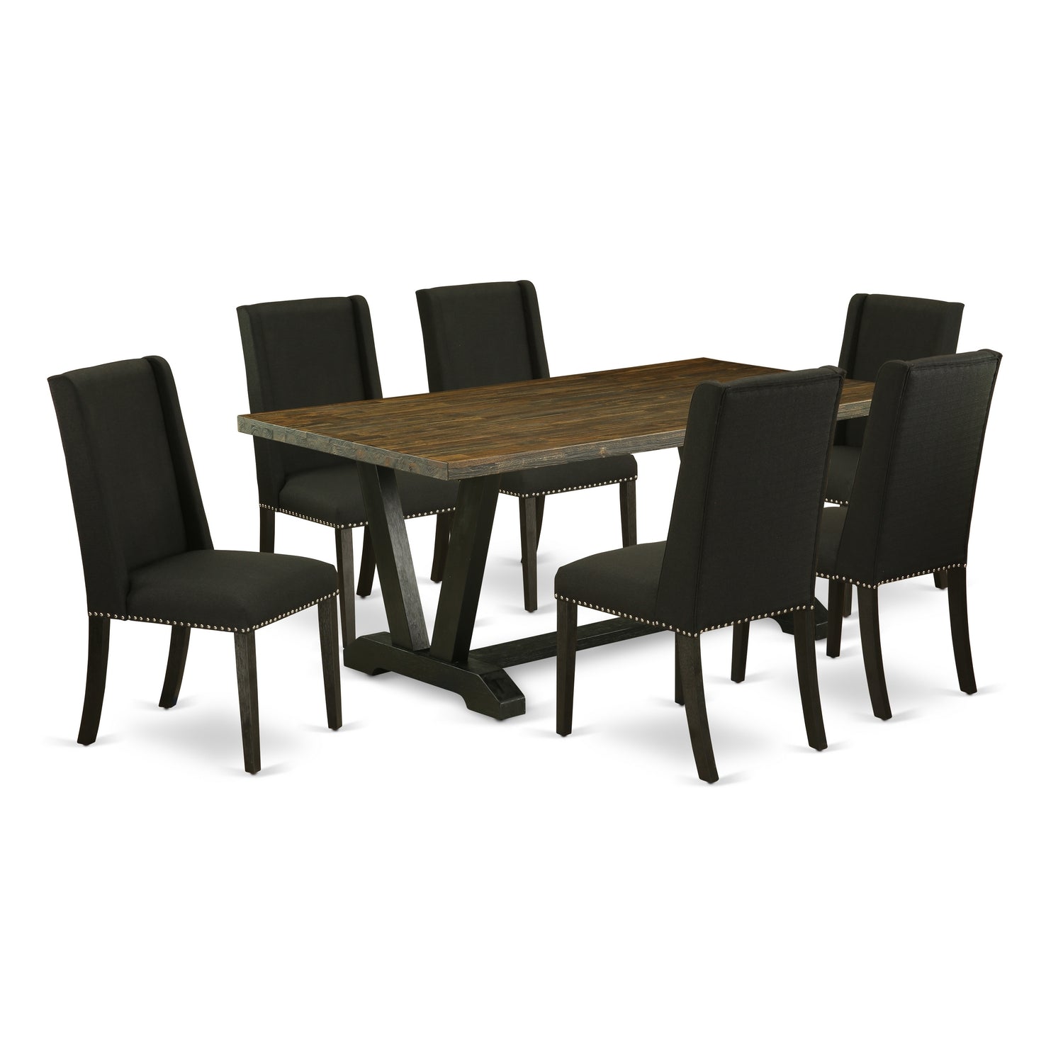 East West Furniture V677FL624-7 7-Pc dining room table set a beautiful Distressed Jacobean small dining Table top and 6 Gorgeous Kitchen Parson Chair with Nail heads and High Stylish Chair Back, Wire Brushed Black Finish