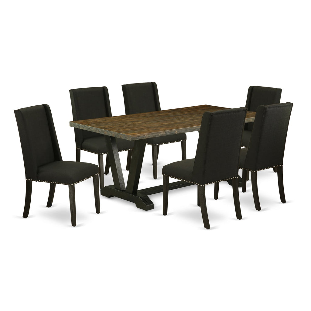 East West Furniture V677FL624-7 7 Piece Dinette Set Consist of a Rectangle Dining Room Table with V-Legs and 6 Black Linen Fabric Upholstered Parson Chairs, 40x72 Inch, Multi-Color