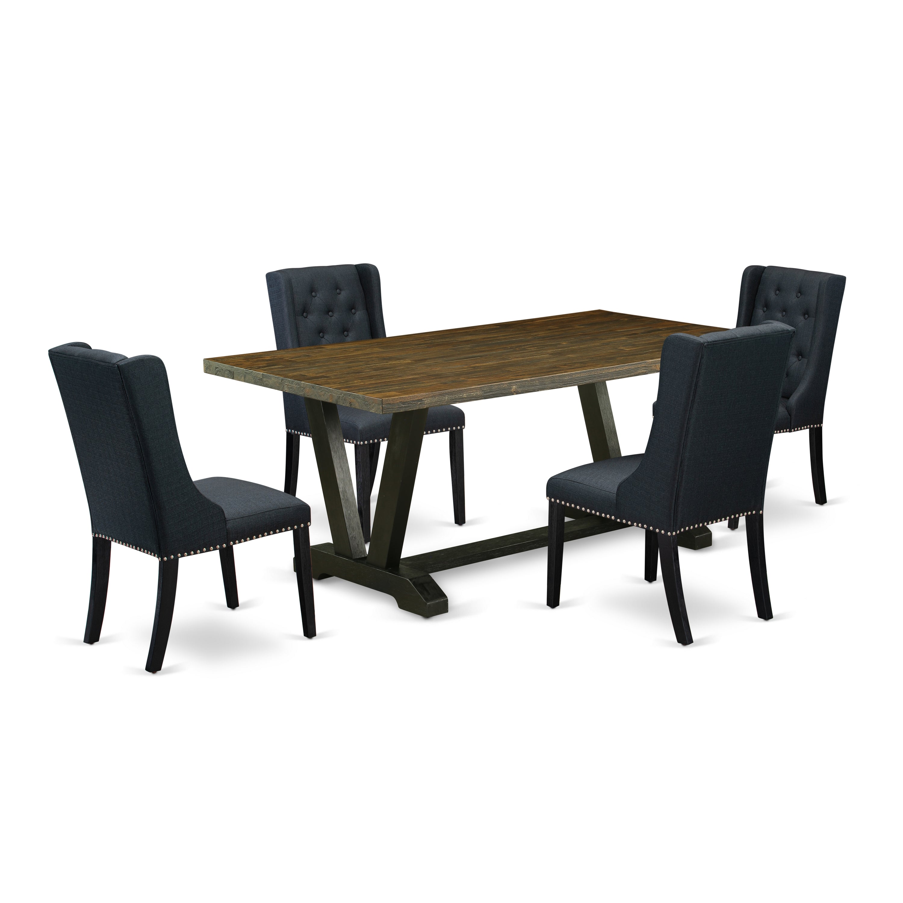 East West Furniture V677FO624-5 5 Piece Dining Table Set Consists of 4 Black Linen Fabric Dining Chairs with Nail heads and Distressed Jacobean Dining Table - Wire Brush Black Finish