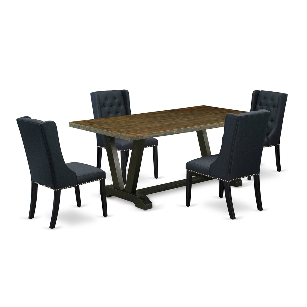 East West Furniture V677FO624-5 5 Piece Modern Dining Table Set Includes a Rectangle Wooden Table with V-Legs and 4 Black Linen Fabric Parson Dining Room Chairs, 40x72 Inch, Multi-Color