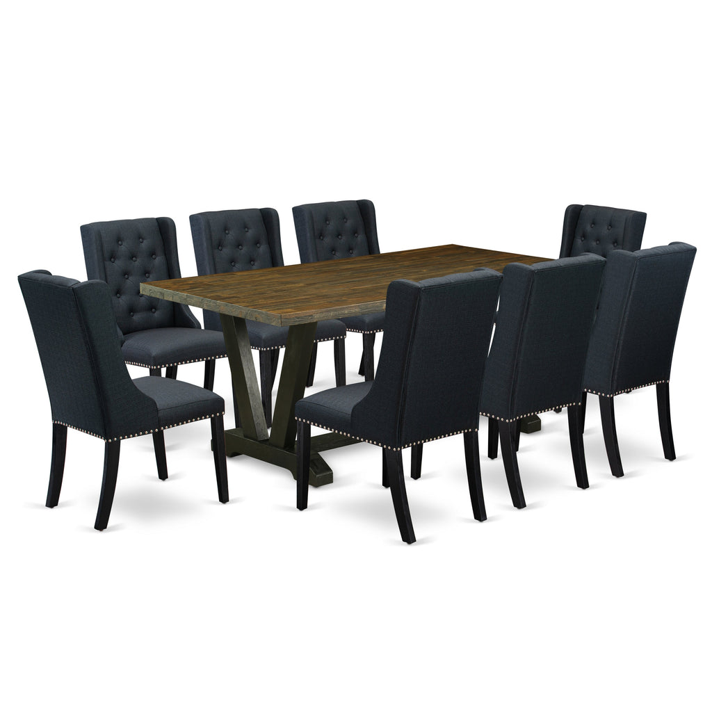 East West Furniture V677FO624-9 9 Piece Dining Room Furniture Set Includes a Rectangle Dining Table with V-Legs and 8 Black Linen Fabric Parsons Chairs, 40x72 Inch, Multi-Color
