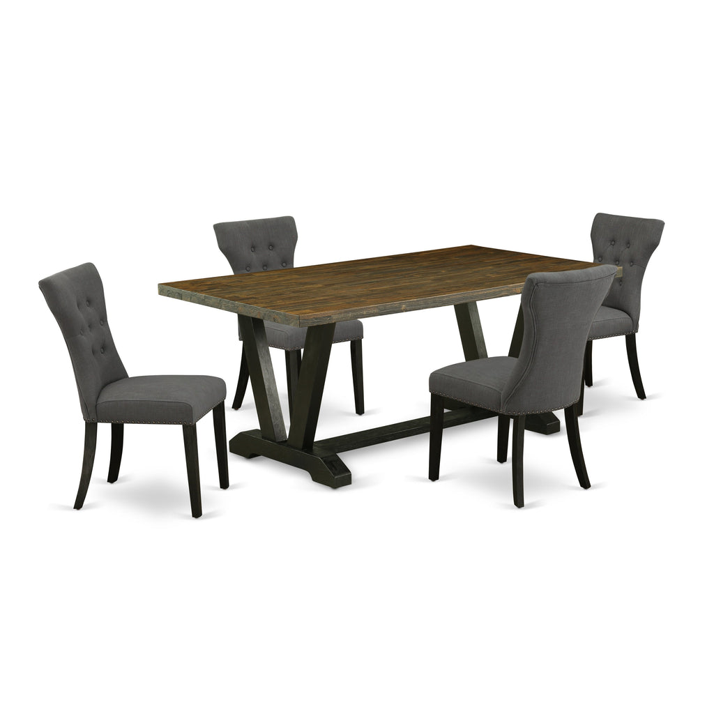 East West Furniture V677GA650-5 5 Piece Dining Room Furniture Set Includes a Rectangle Dining Table with V-Legs and 4 Dark Gotham Linen Fabric Upholstered Chairs