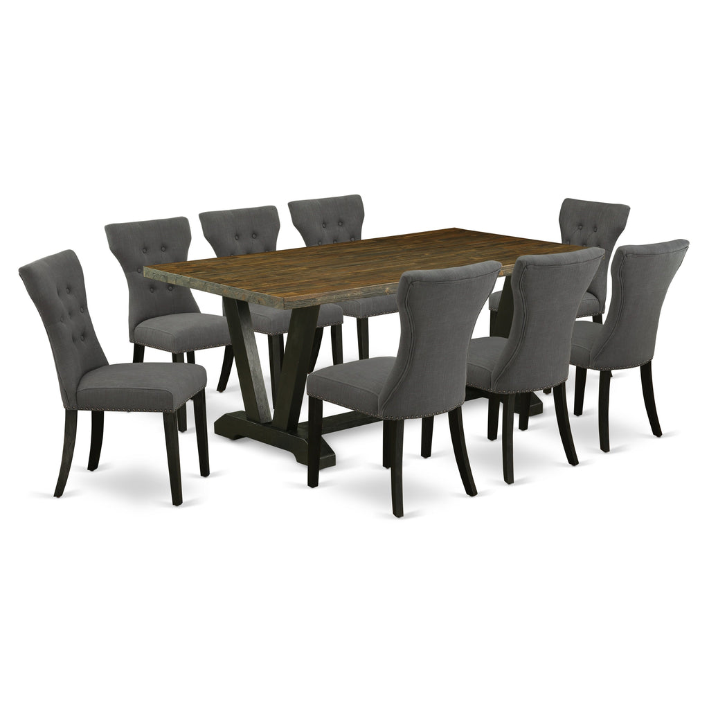 El juego de mesa de comedor East West Furniture V677GA650-9 de 9 piezas incluye una mesa de comedor rectangular con patas en V y 8 sillas tapizadas en tela de lino Gotham oscuro.