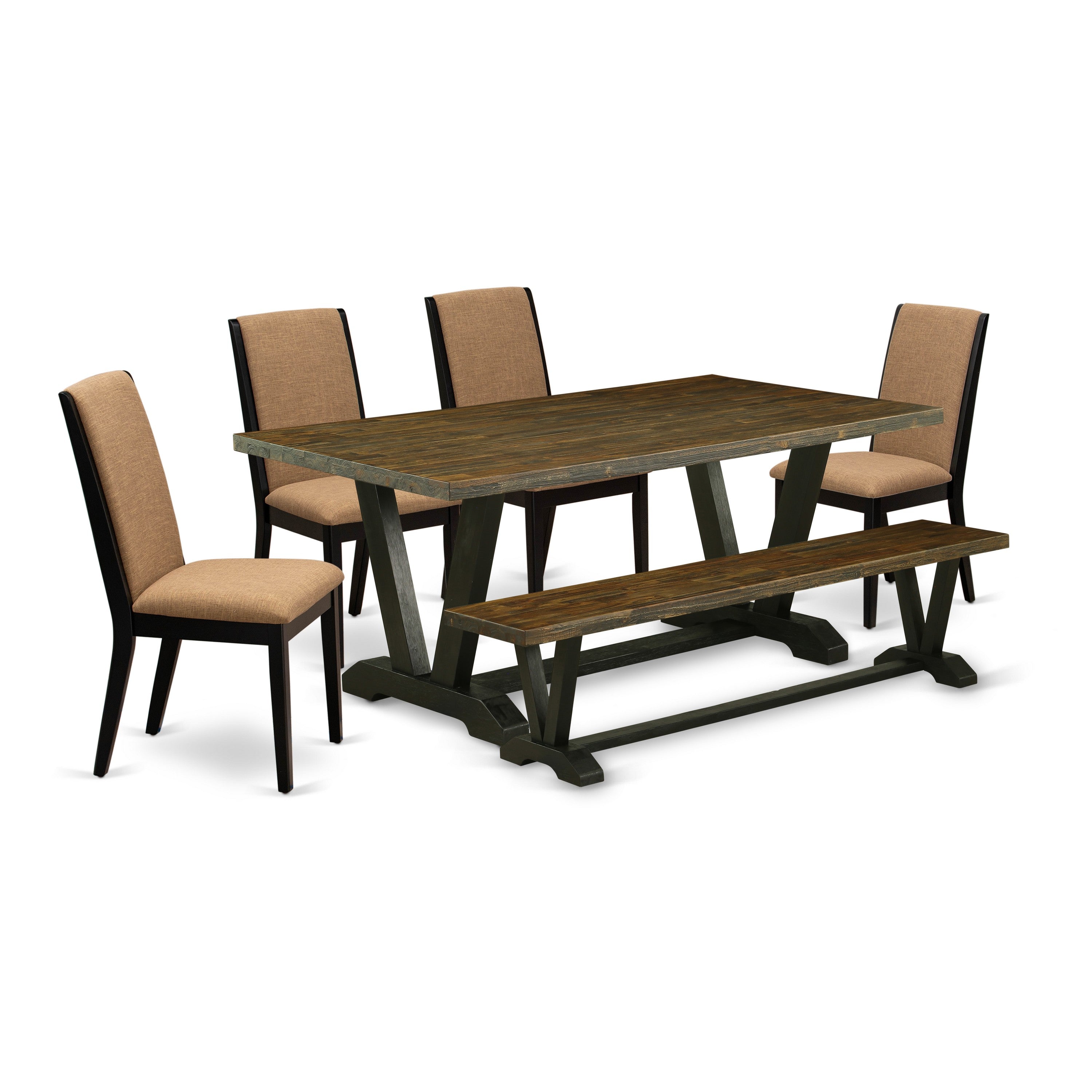 East West Furniture V677LA147-6 6-Piece Dining Room Table Set with Dining Table and Indoor Bench - 4 Linen Fabric Padded Parson Chairs (Wire Brushed Black Finish)