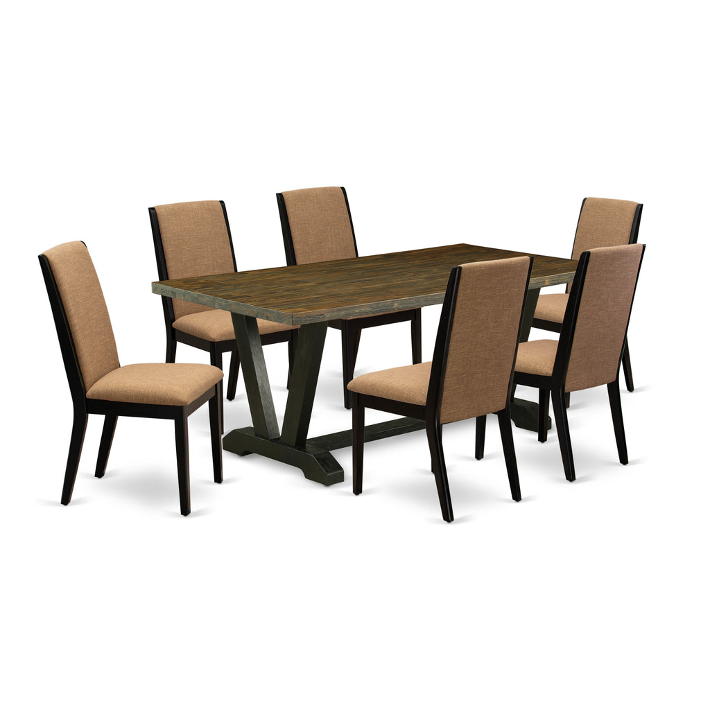 East West Furniture V677LA147-7 7 Piece Dinette Set Consist of a Rectangle Dining Room Table with V-Legs and 6 Light Sable Linen Fabric Parson Dining Chairs
