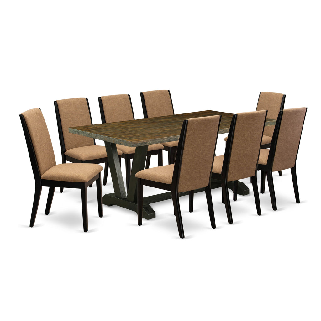 East West Furniture V677LA147-9 9 Piece Dining Set Includes a Rectangle Dining Room Table with V-Legs and 8 Light Sable Linen Fabric Upholstered Parson Chairs, 40x72 Inch, Multi-Color