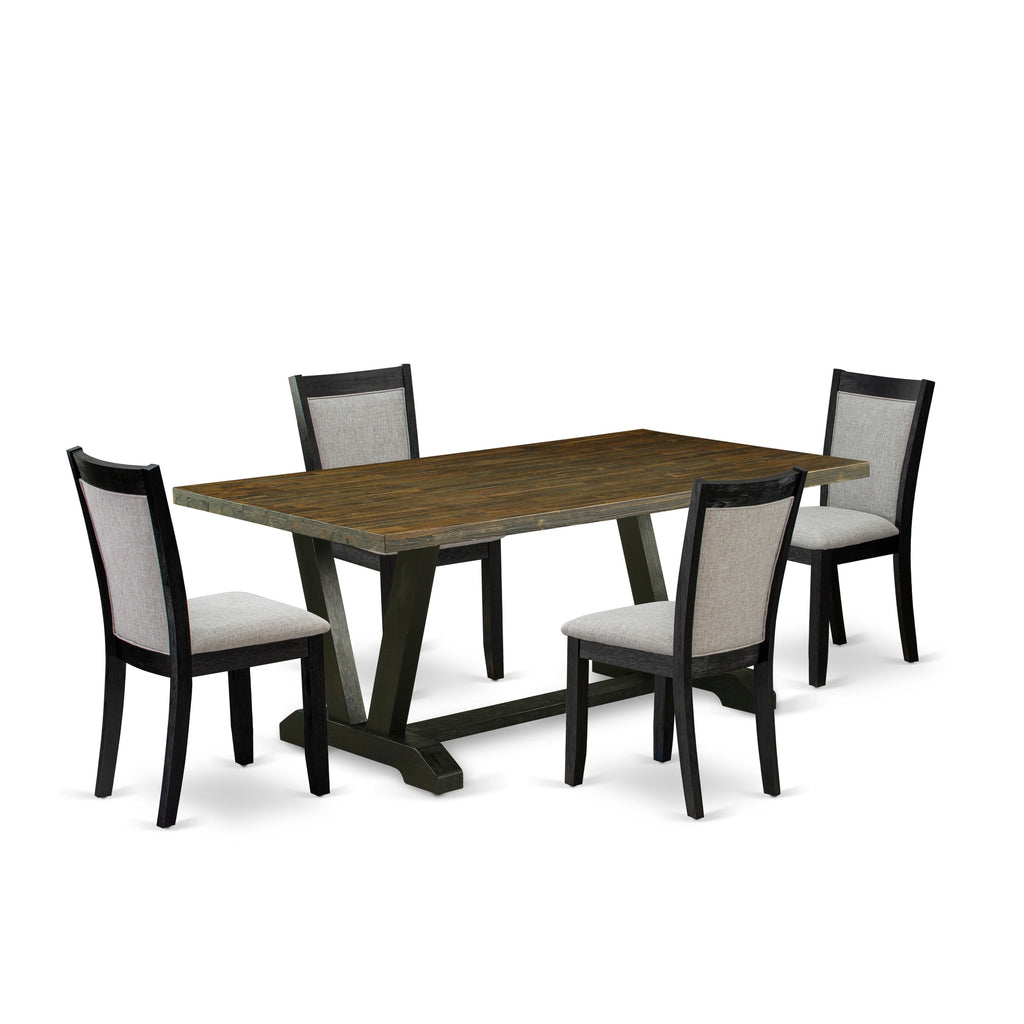 Juego de mesa y sillas de cocina de 5 piezas East West Furniture V677MZ606-5. Incluye una mesa de comedor rectangular con patas en V y 4 sillas tapizadas en tela de lino Shitake.