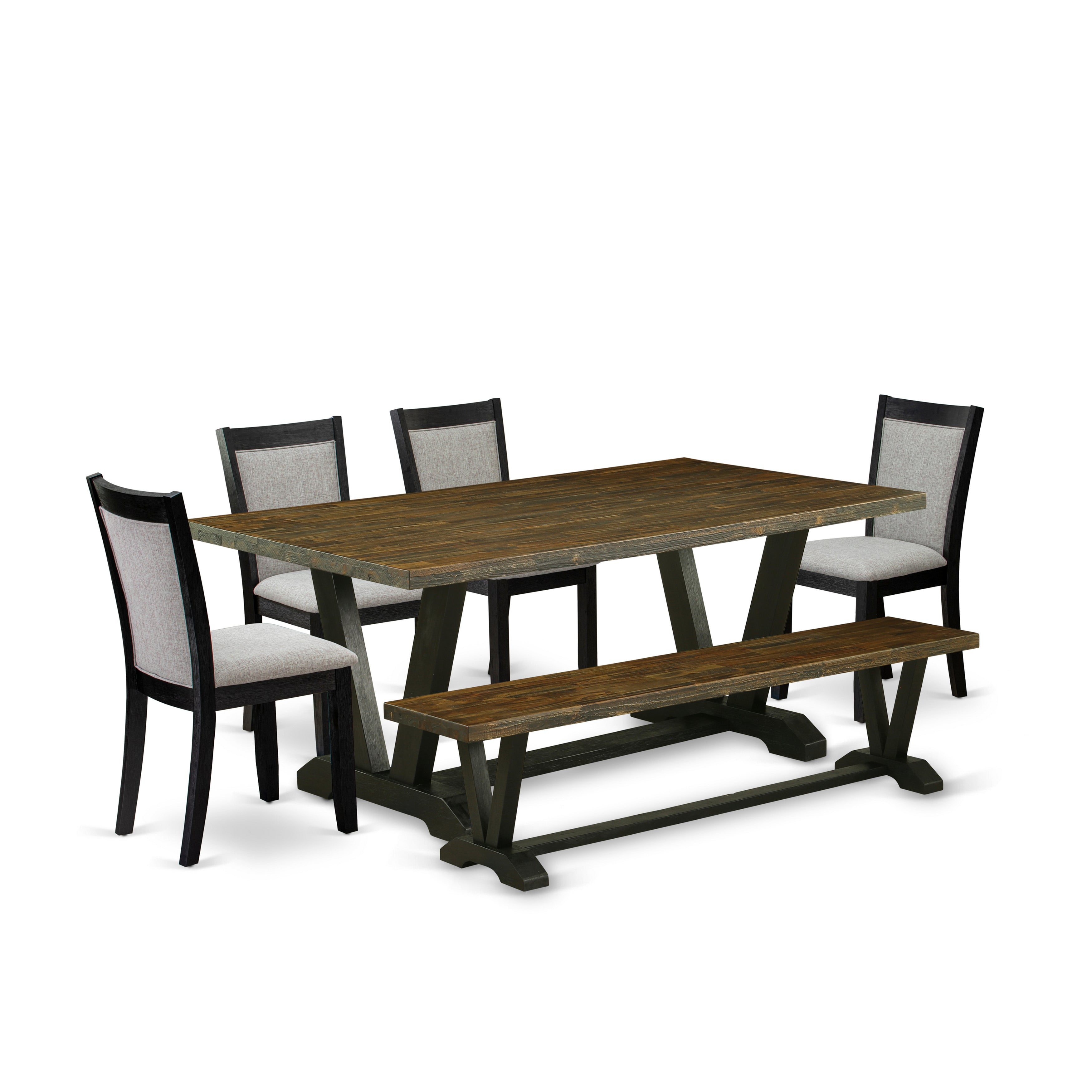 East West Furniture V677MZ606-6 6 Pc Dining Table Set - Distressed Jacobean Top Dinner Table with a Bench and 4 Shitake Linen Fabric Parson Chairs - Wire Brushed Black Finish