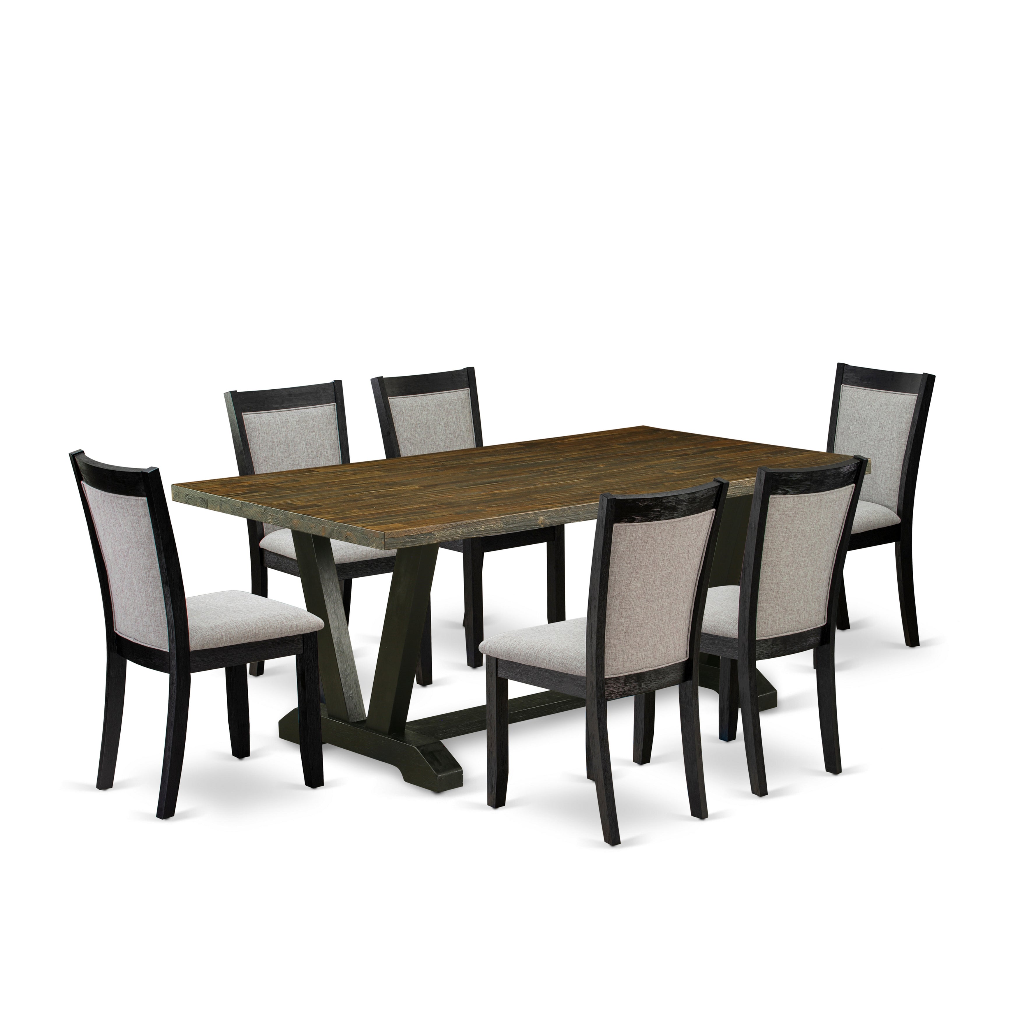 East West Furniture V677MZ606-7 7 Piece Mid Century Dining Set - Distressed Jacobean Top Dining Room Table with Trestle Base and 6 Shitake Linen Fabric Dining Chairs - Wire Brushed Black Finish