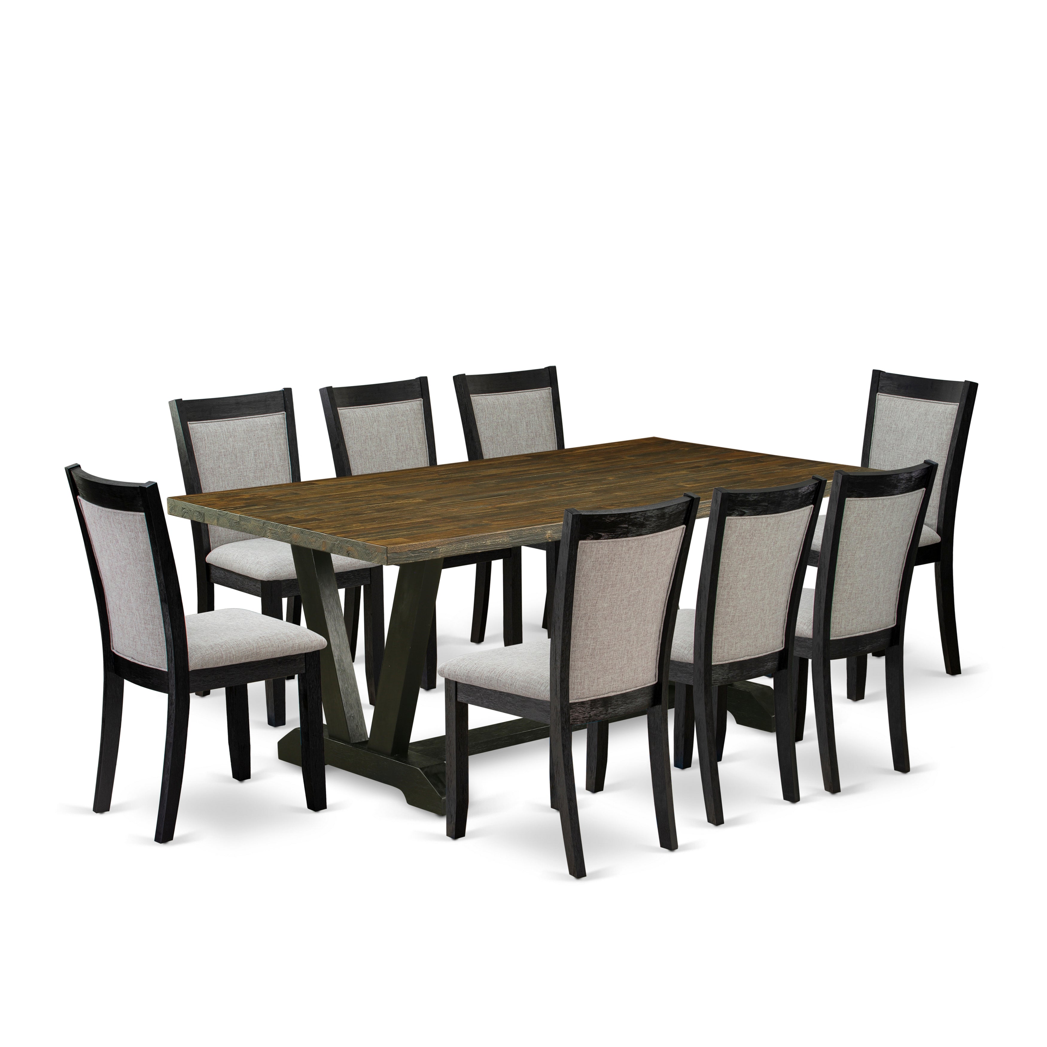 East West Furniture V677MZ606-9 9 Piece Kitchen Table Set - A Distressed Jacobean Top Wood Table with Trestle Base and 8 Shitake Linen Fabric Modern Dining Chairs - Wire Brushed Black Finish