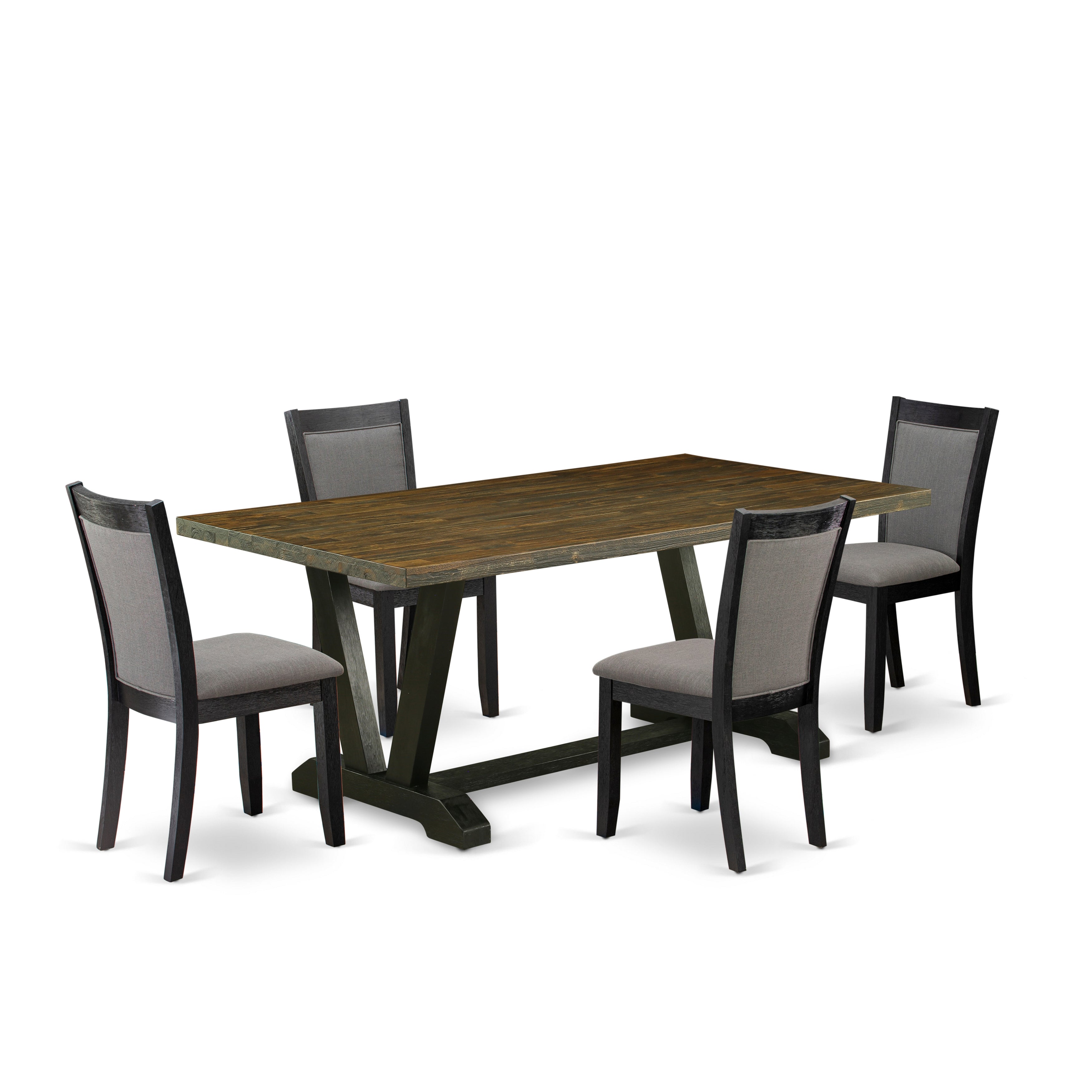 East West Furniture V677MZ650-5 5 Pc Dinner Table Set - Distressed Jacobean Top Dining Table with Trestle Base and 4 Dark Gotham Grey Linen Fabric Parson Chairs - Wire Brushed Black Finish