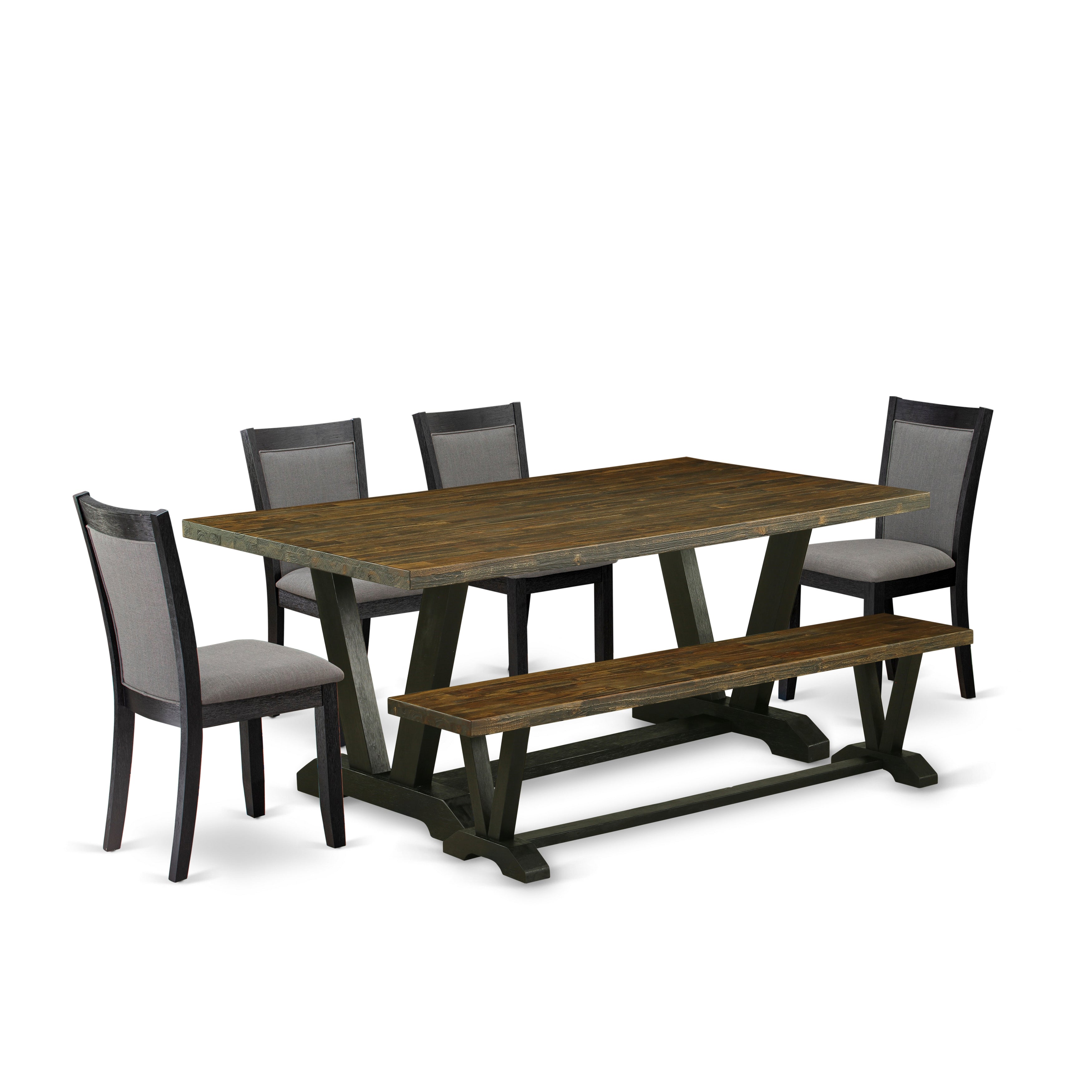 East West Furniture V677MZ650-6 6 Piece Table Set - A Distressed Jacobean Top Dining Room Table with a Bench and 4 Dark Gotham Grey Linen Fabric Padded Dining Chairs - Wire Brushed Black Finish