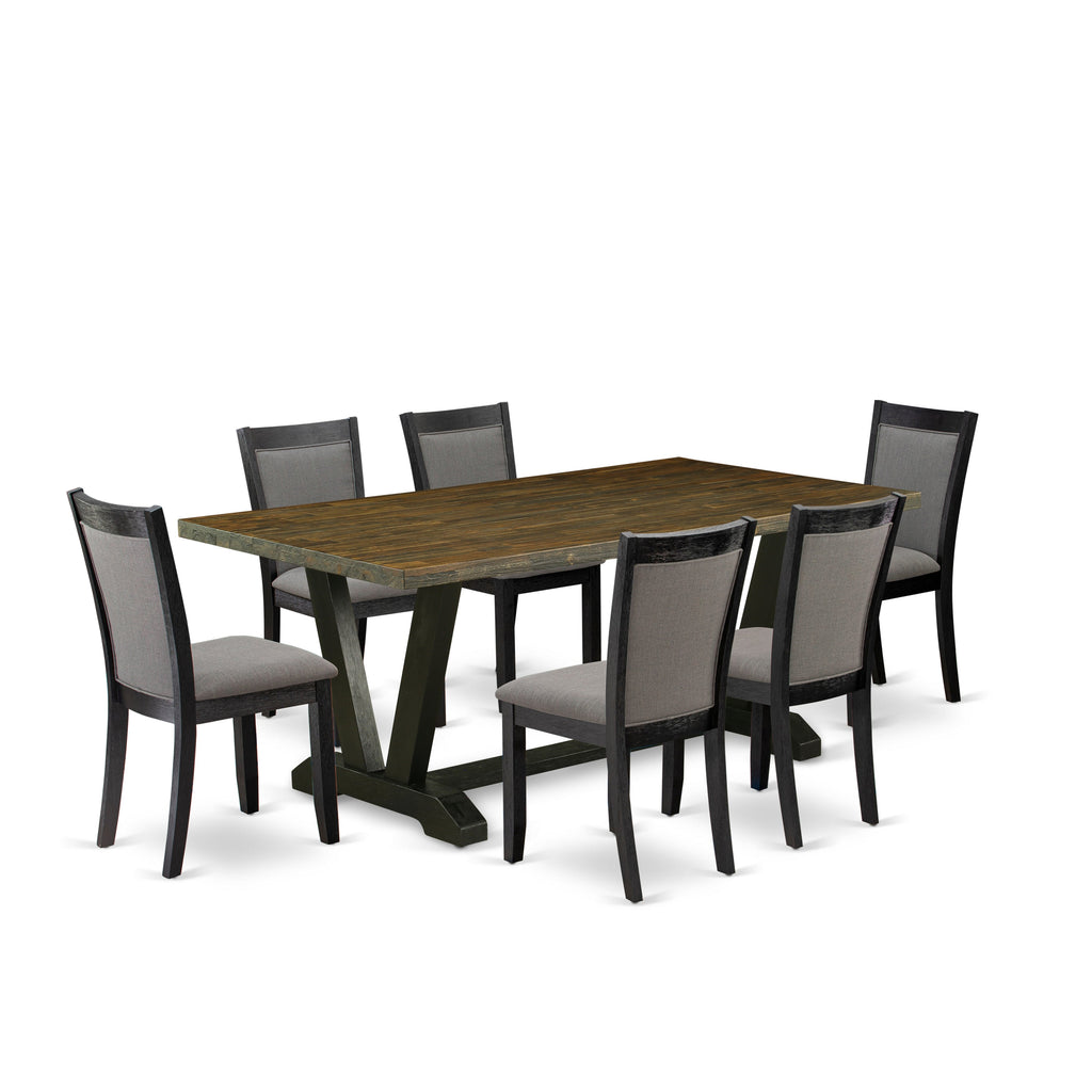 East West Furniture V677MZ650-7 7 Piece Dining Room Set Consist of a Rectangle Dining Table with V-Legs and 6 Dark Gotham Grey Linen Fabric Upholstered Chairs, 40x72 Inch, Multi-Color