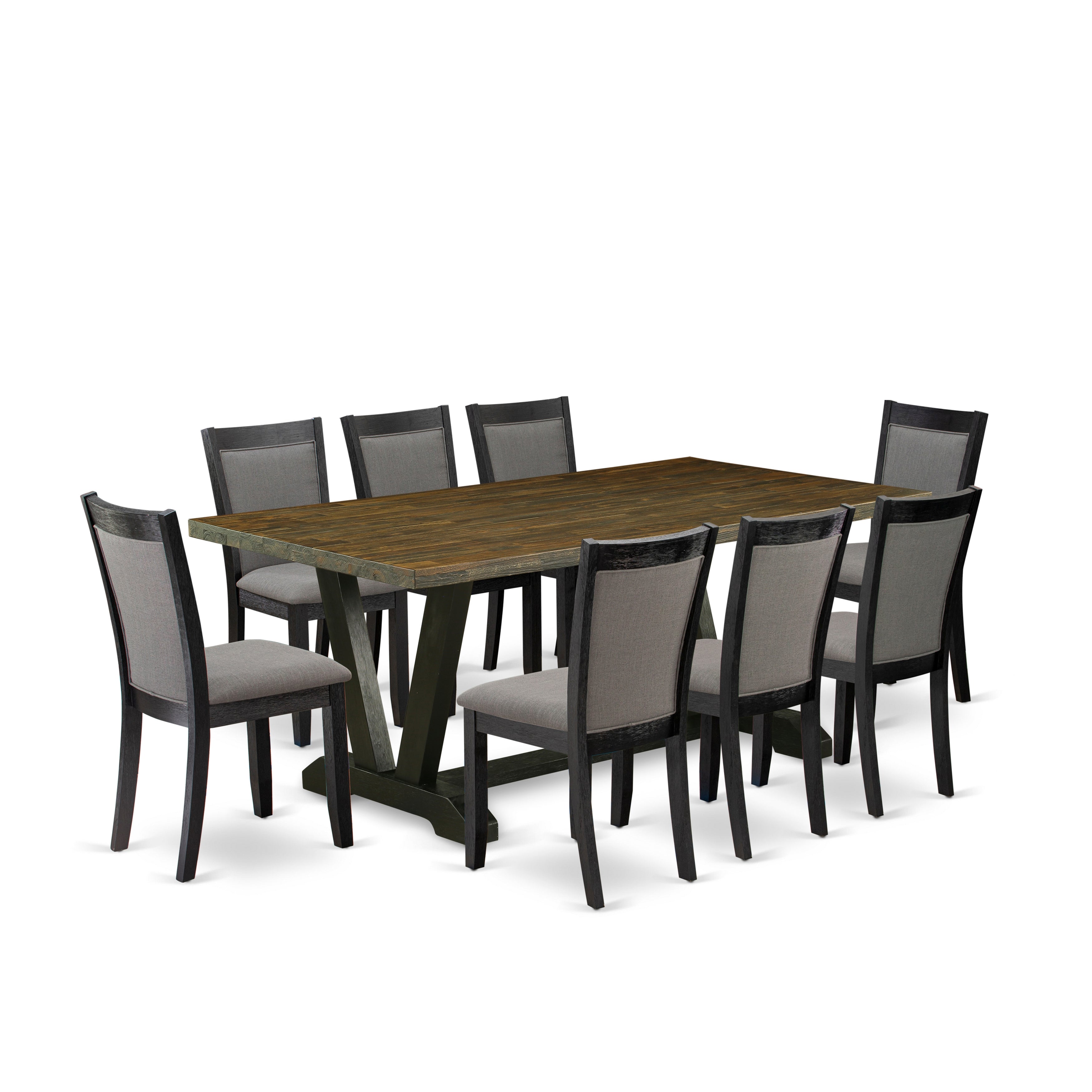East West Furniture V677MZ650-9 9 Piece Table Set - Distressed Jacobean Top Wood Table with Trestle Base and 8 Dark Gotham Grey Linen Fabric Parson Chairs - Wire Brushed Black Finish
