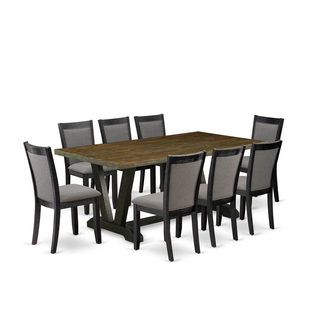 East West Furniture V677MZ650-9 9 Piece Dining Set Includes a Rectangle Dining Room Table with V-Legs and 8 Dark Gotham Grey Linen Fabric Upholstered Chairs