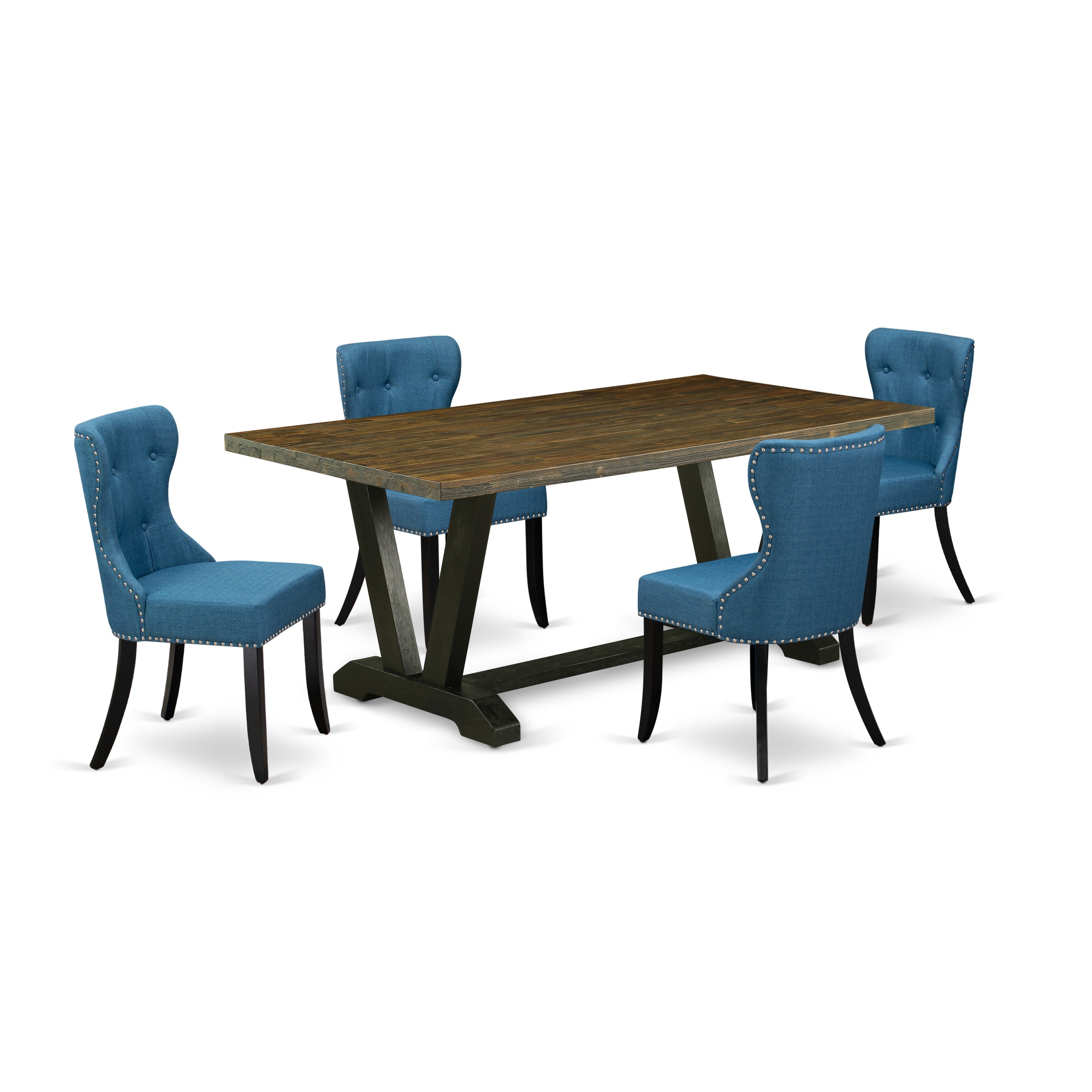 East West Furniture V677SI121-5 5-Pc Dining Room Table Set- 4 Dining Chairs with Blue Linen Fabric Seat and Button Tufted Chair Back - Kitchen Table (Distressed Jacobean Finish)
