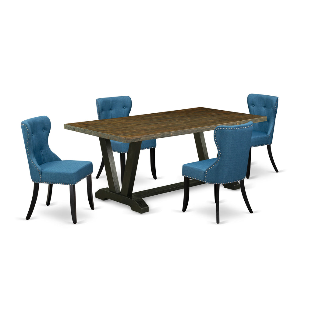 East West Furniture V677SI121-5 5 Piece Dinette Set for 4 Includes a Rectangle Dining Room Table with V-Legs and 4 Blue Linen Fabric Parson Dining Chairs, 40x72 Inch, Multi-Color