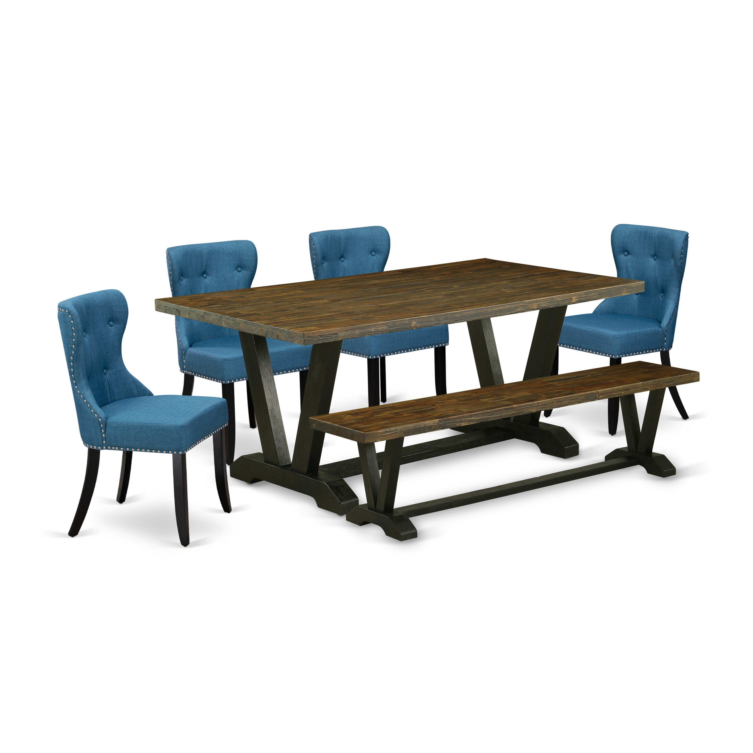 East West Furniture 6-Pc Kitchen Dining Set- 4 Mid Century Dining Chairs with Blue Linen Fabric Seat and Button Tufted Chair Back - Rectangular top & Wooden Legs Wood Kitchen table and dining bench - Distressed Jacobean and Black Finish