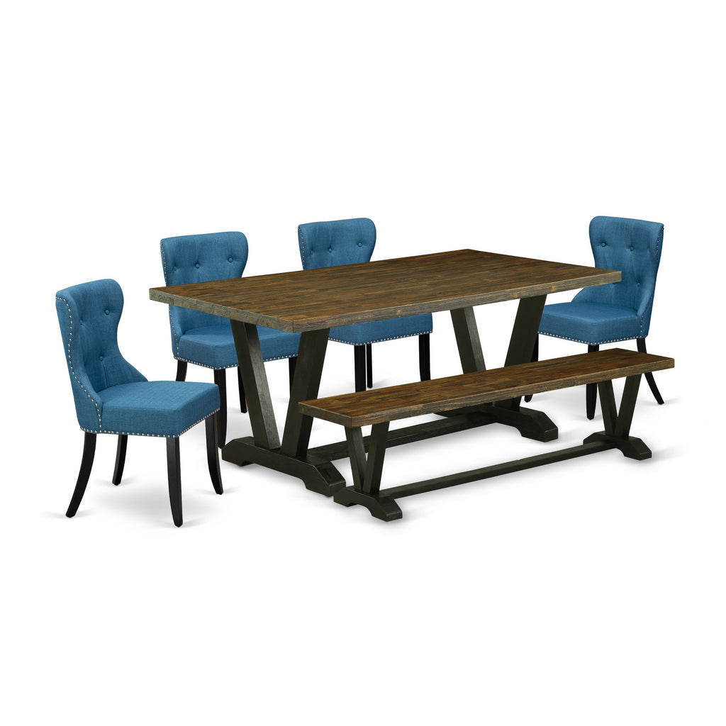 East West Furniture V677SI121-6 6 Piece Kitchen Table & Chairs Set Contains a Rectangle Wooden Table and 4 Blue Linen Fabric Parson Chairs with a Bench, 40x72 Inch, Multi-Color
