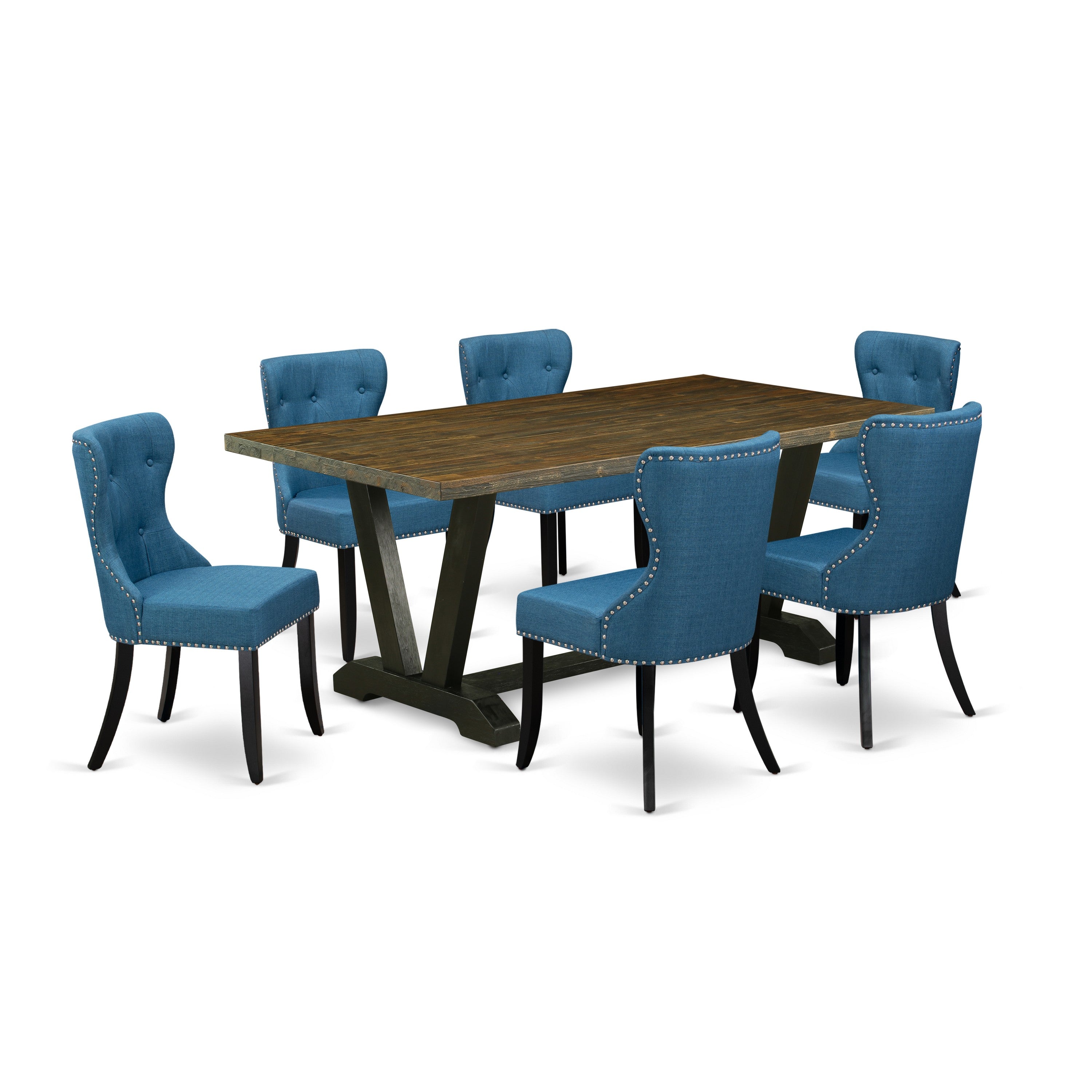 Juego de comedor de 7 piezas East West Furniture V677SI121-7 compuesto por una mesa de comedor rectangular con patas en V y 6 sillas Parson tapizadas en tela de lino azul.