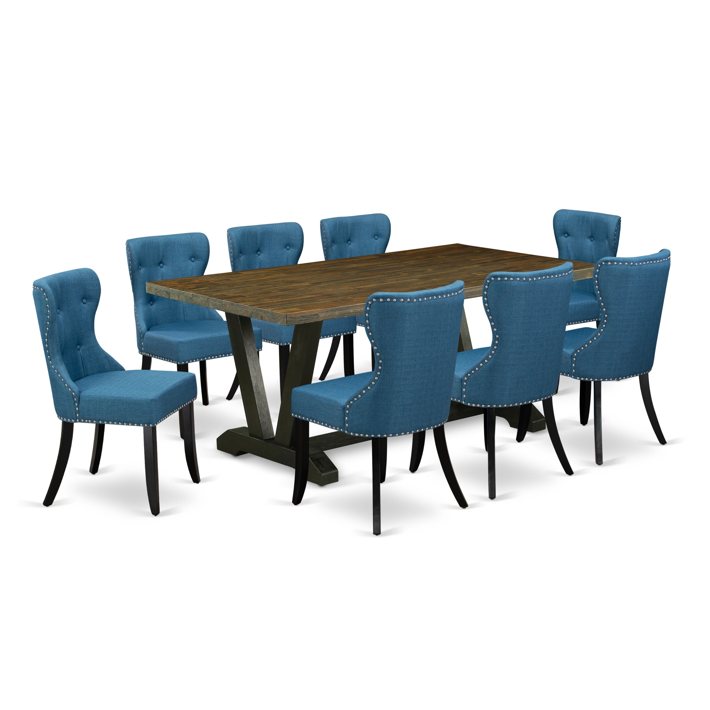 East West Furniture 9-Pc Dinette Set- 8 Dining Padded Chairs with Blue Linen Fabric Seat and Button Tufted Chair Back - Rectangular Table top & Wooden Legs - Distressed Jacobean and Black Finish