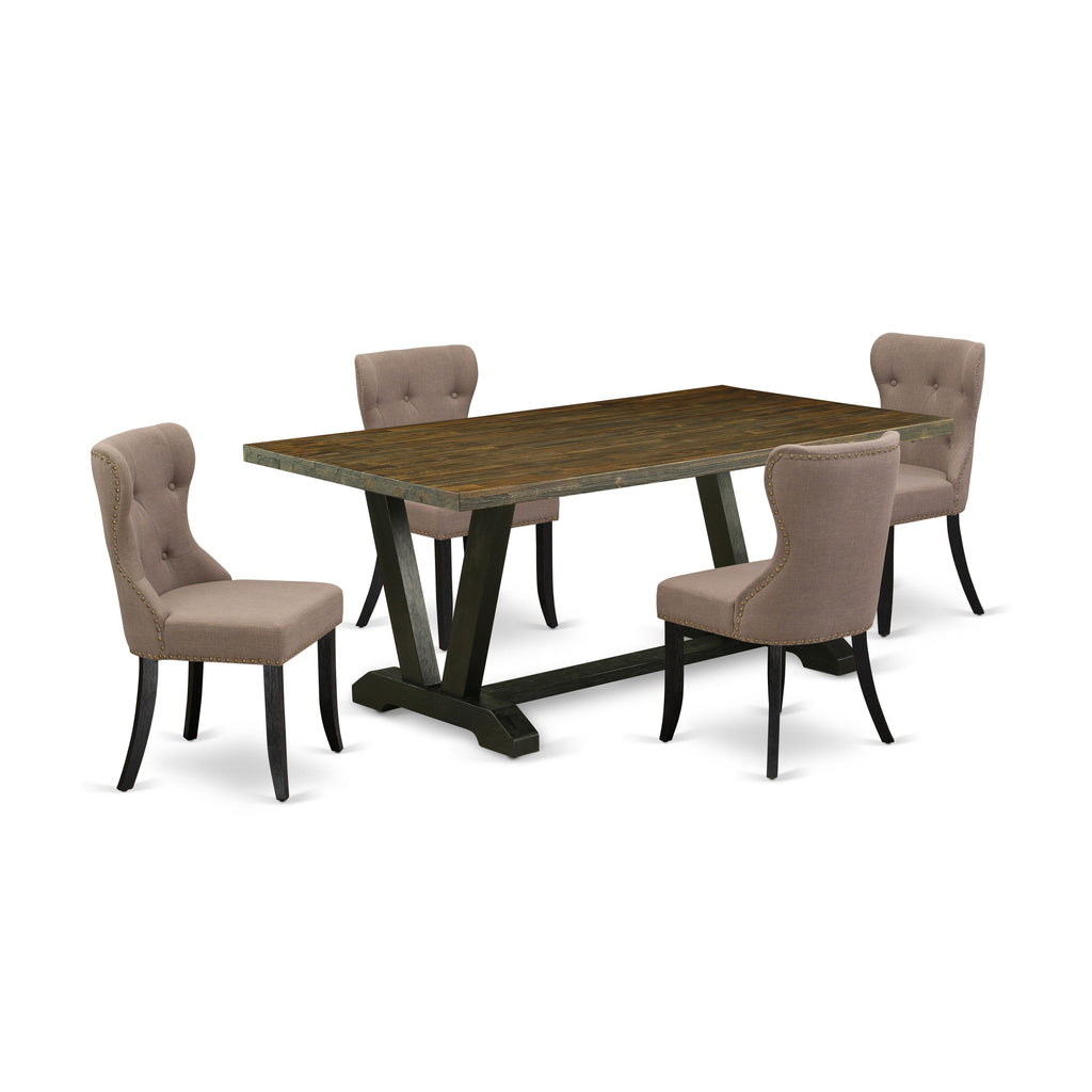 El juego de mesa de comedor de 5 piezas East West Furniture V677SI648-5 incluye una mesa de cocina rectangular con patas en V y 4 sillas de comedor Parson de tela de lino color café.