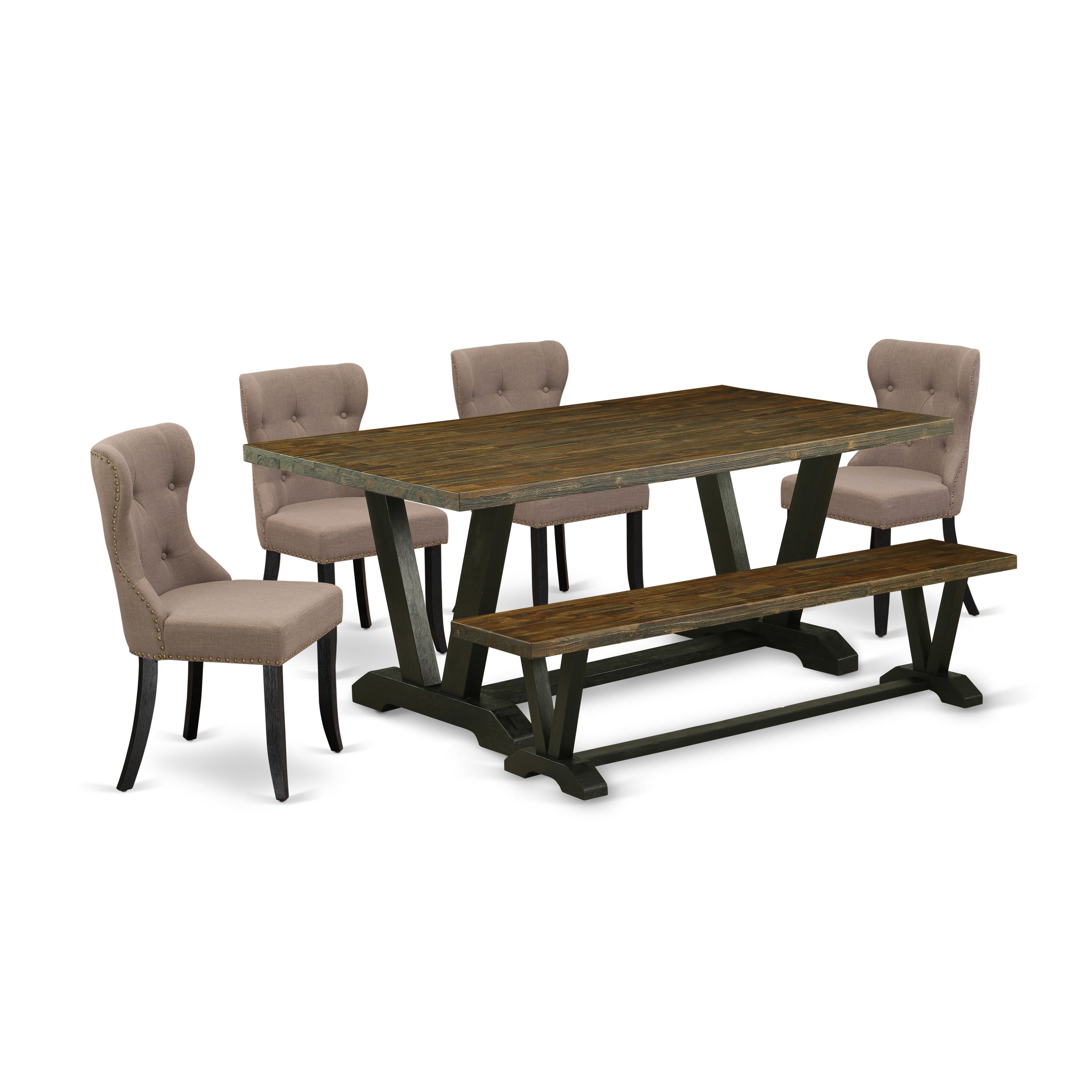 East West Furniture 6-Pc Dining Table Set- 4 Dining Chairs with Coffee Linen Fabric Seat and Button Tufted Chair Back - Rectangular top & Wooden Legs Dining Table and Indoor Bench - Distressed Jacobean and Wire Brushed Black Finish