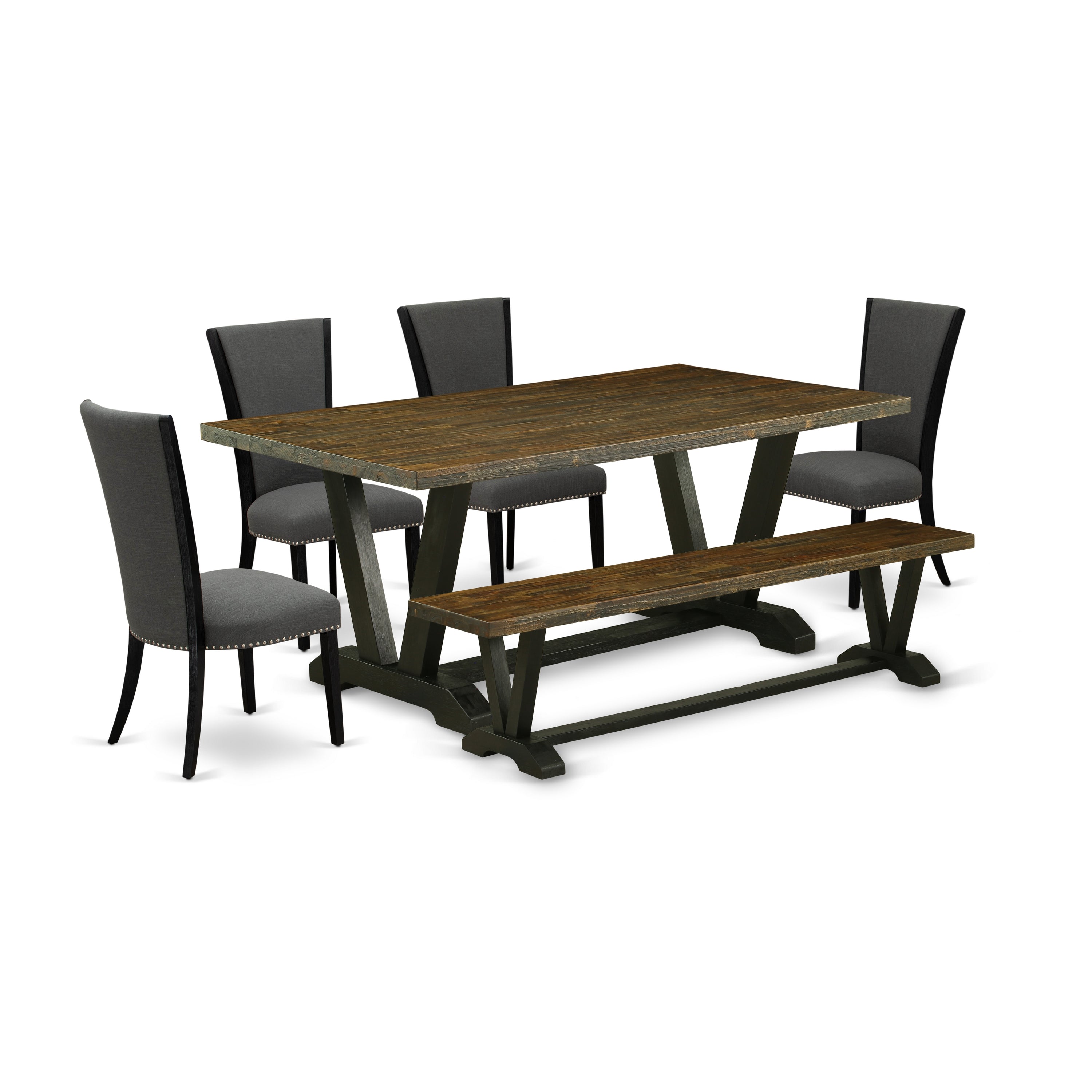 El juego de mesa de comedor East West Furniture V677VE650-6 de 6 piezas incluye una mesa de cocina rectangular con patas en V y 4 sillas Parson de tela de lino Gotham oscuro con un banco.
