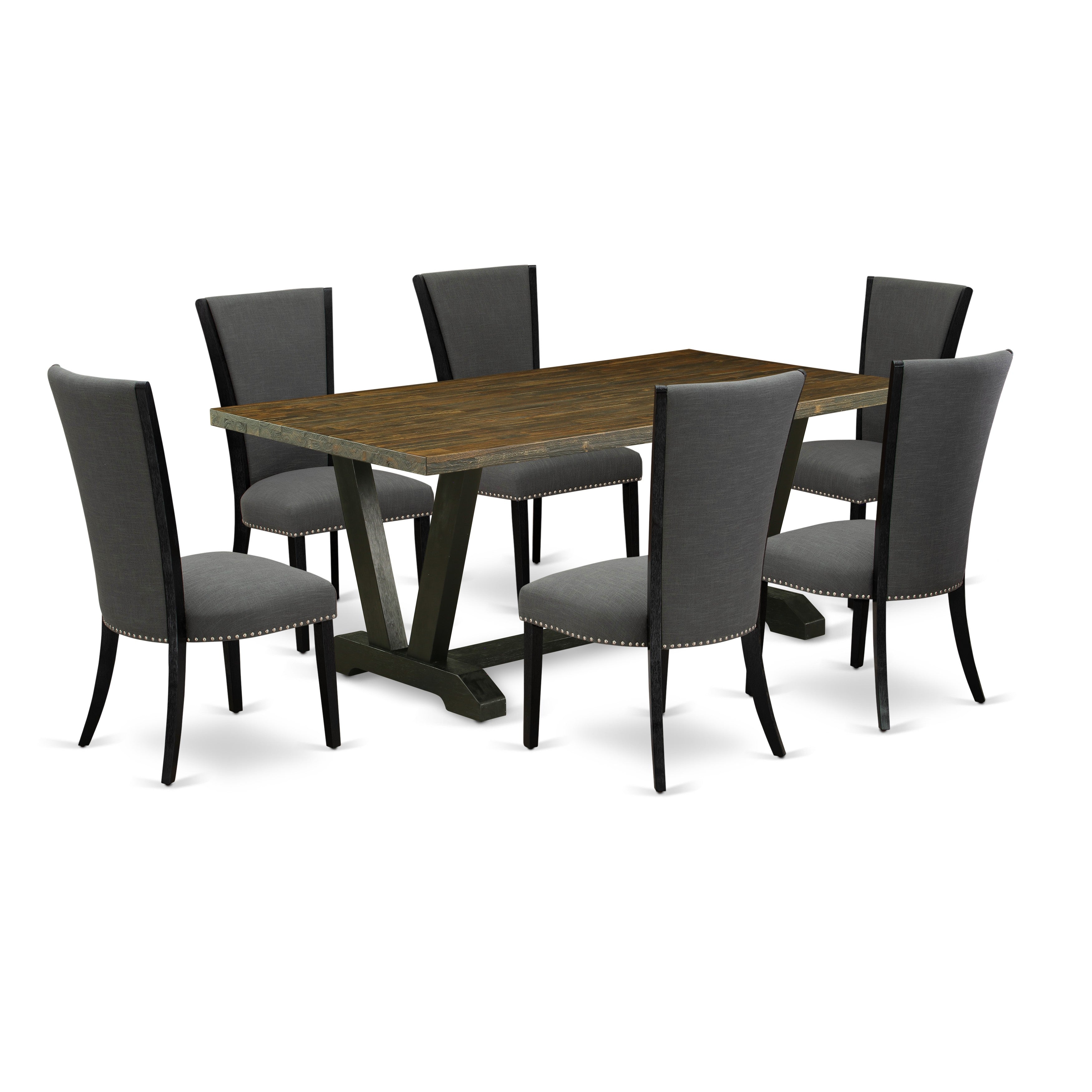 East West Furniture V677VE650-7 7 Piece Dining Set Contains a Distressed Jacobean Dining Room Table and 6 Dark Gotham Grey Linen Fabric Parsons Chairs with High Back - Wire Brushed Black Finish