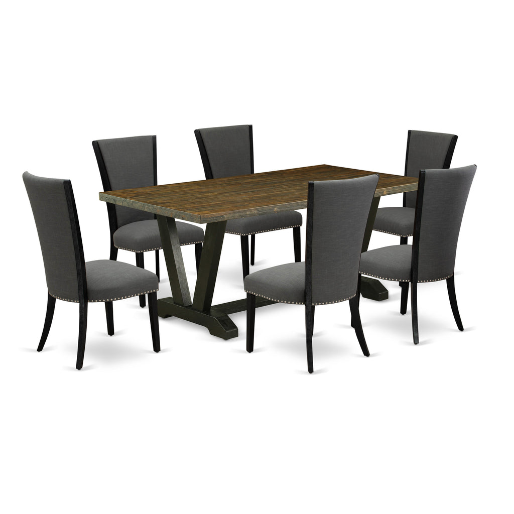 V677VE650-7 7Pc Kitchen Set - 40x72" Rectangular Table and 6 Parson Chairs - Wirebrushed Black & Distressed Jacobean Color