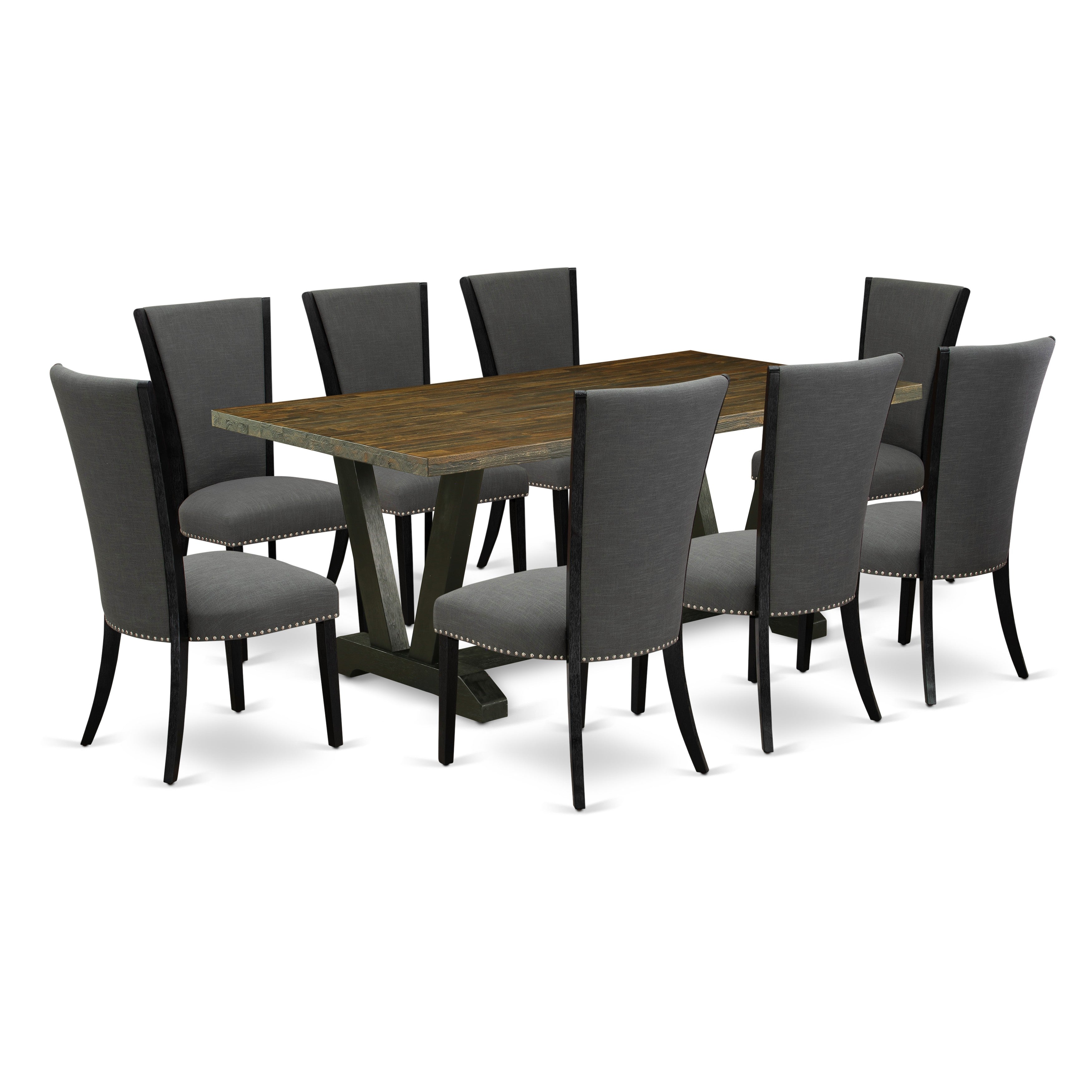 East West Furniture V677VE650-9 9 Pc Kitchen Table Set Contains a Distressed Jacobean Dining Table and 8 Dark Gotham Grey Linen Fabric Dining Chairs with High Back - Wire Brushed Black Finish