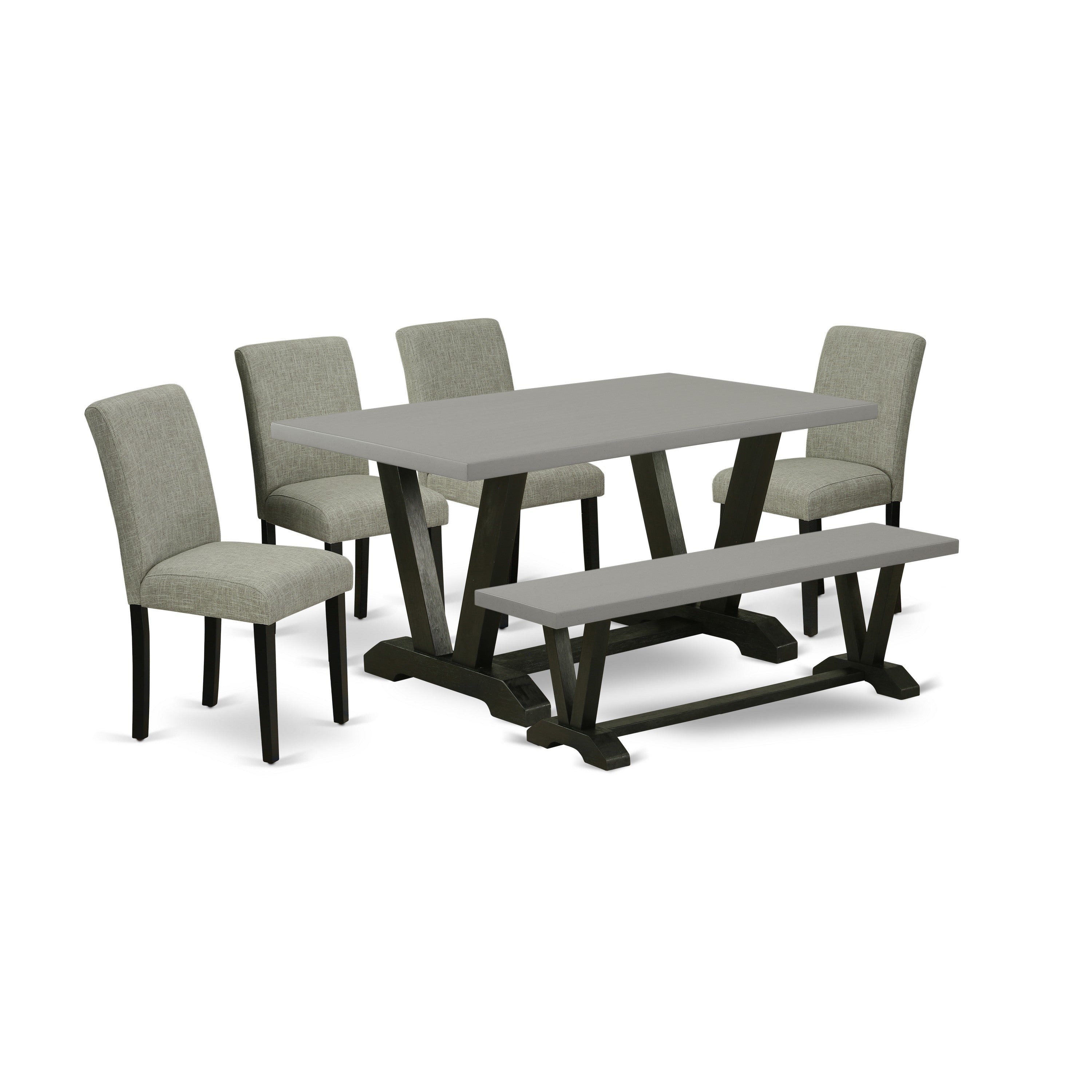 EAST WEST FURNITURE - V696AB106-6 - 6-Pc Kitchen Table Set - 4 Parson Chairs, a Wooden Bench and 1 Dining Table (Wire Brushed Black Finish)