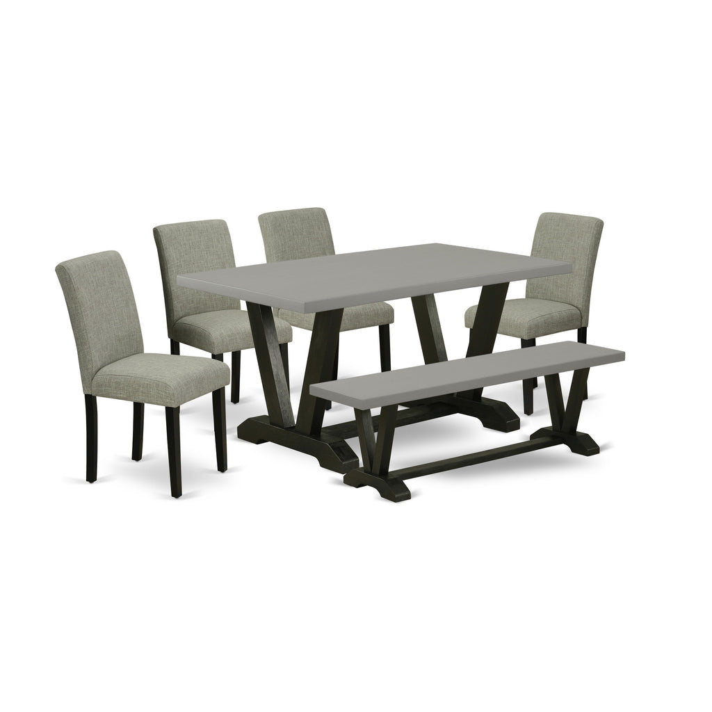 Juego de mesa de comedor moderna de 6 piezas East West Furniture V696AB106-6. Contiene una mesa rectangular de madera con patas en V y 4 sillas Parson de tela de lino Shitake con un banco.