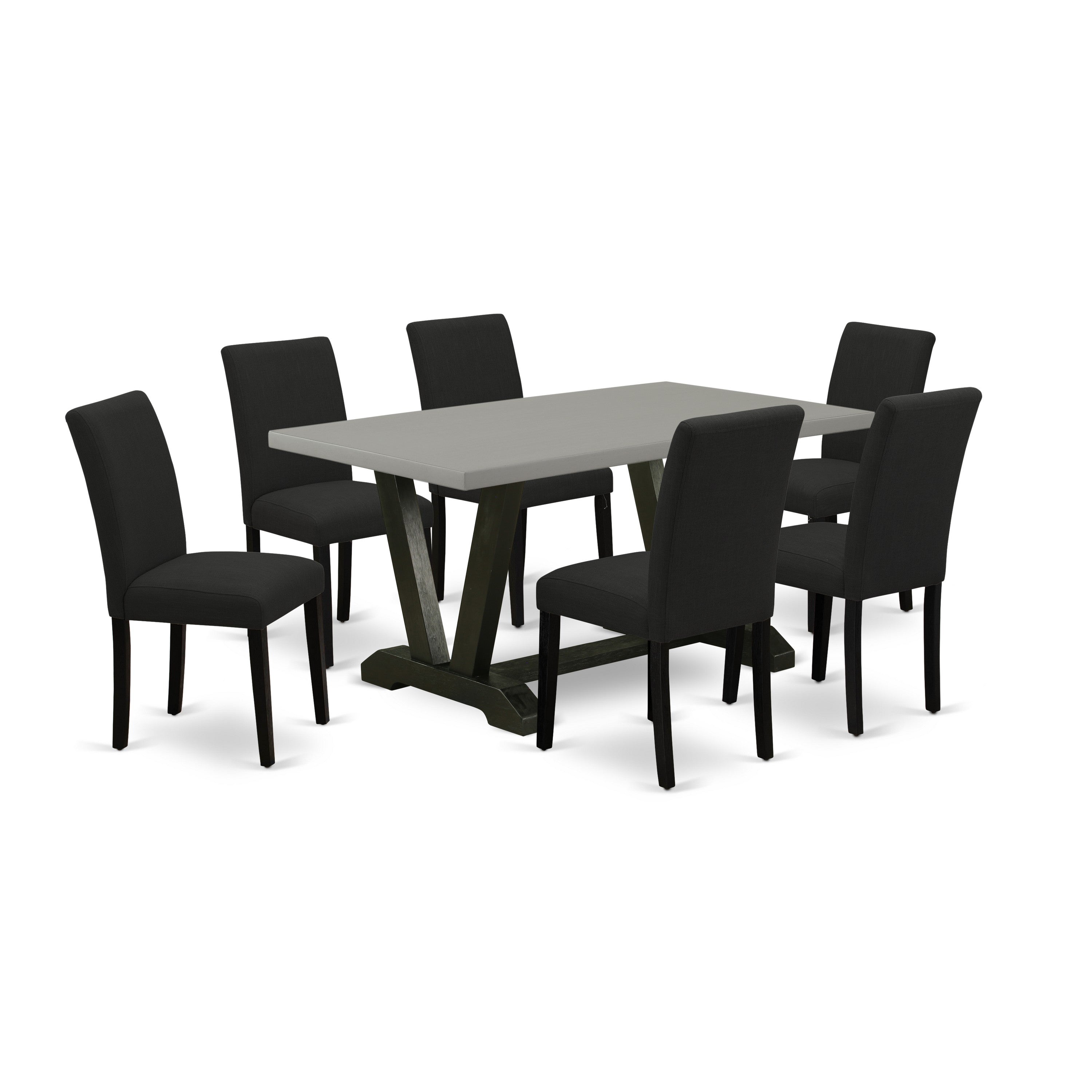Juego de mesa de comedor East West Furniture V696AB624-7 de 7 piezas compuesto por una mesa de cocina rectangular con patas en V y 6 sillas tapizadas en tela de lino de color negro.