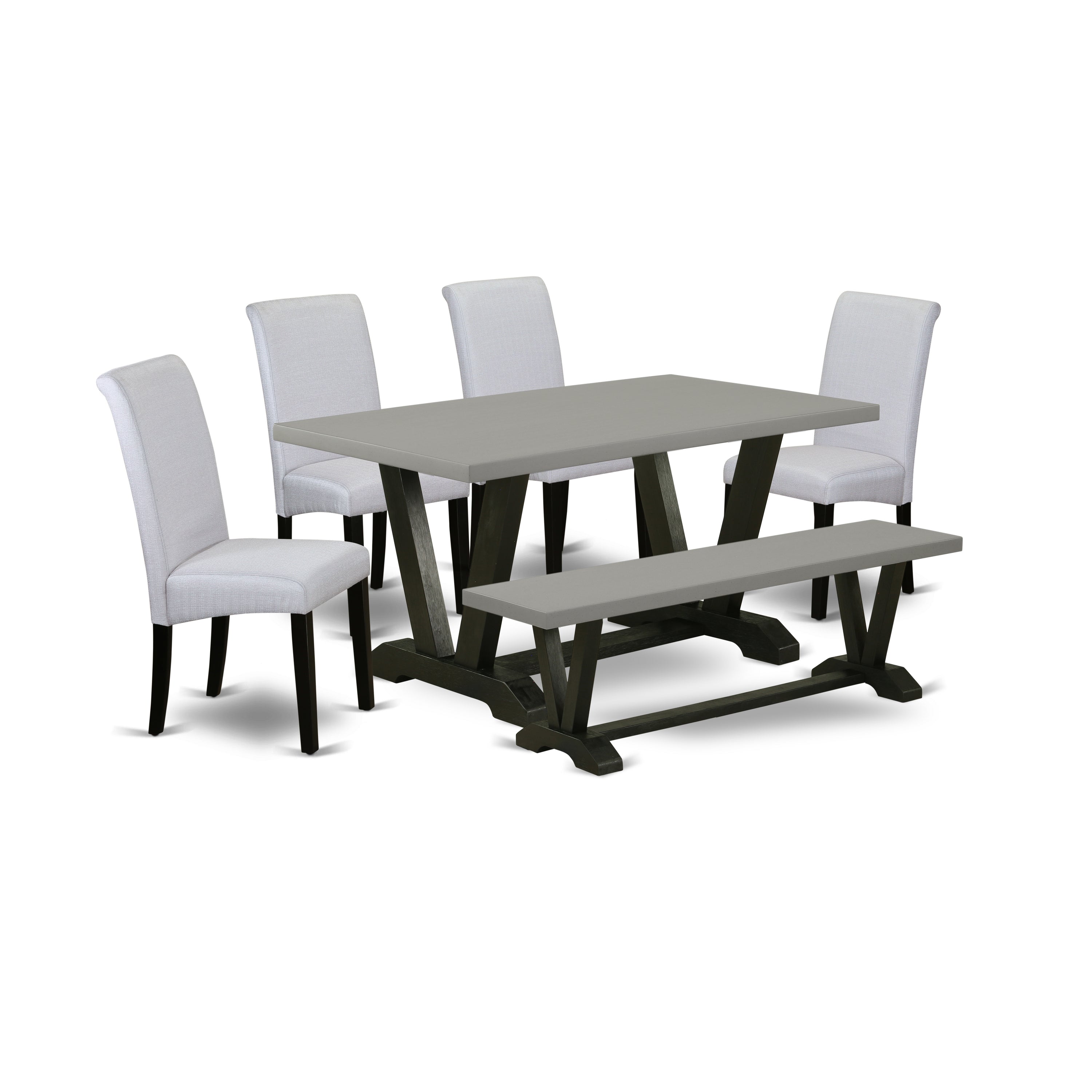 East West Furniture V696BA105-6 6 Piece Dining Room Table Set Includes a Cement Dining Table and a Dining Room Bench, 4 Grey Linen Fabric Parsons Chairs with High Back - Wire Brushed Black Finish