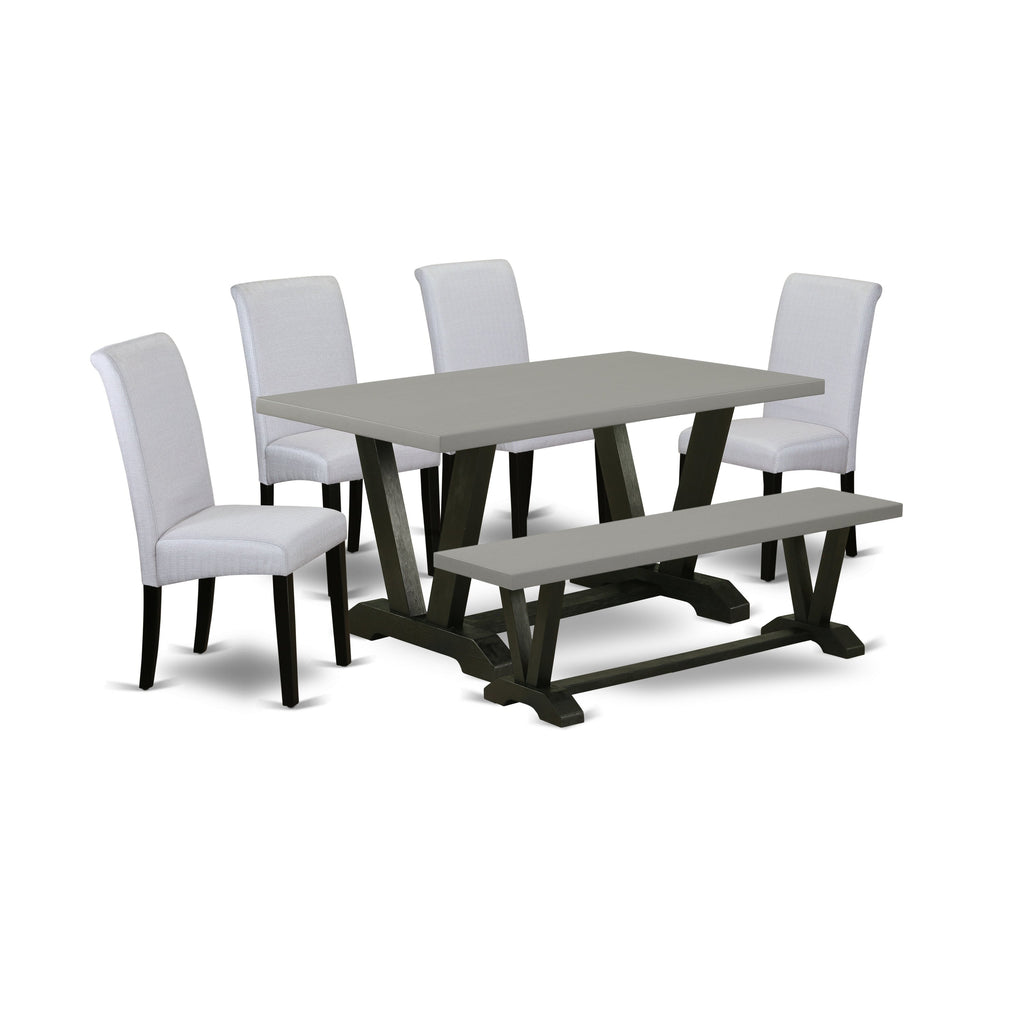 V696BA105-6 6Pc Kitchen Set - 36x60" Rectangular Table, 4 Parson Chairs and a Bench - Wirebrushed Black & Cement Color