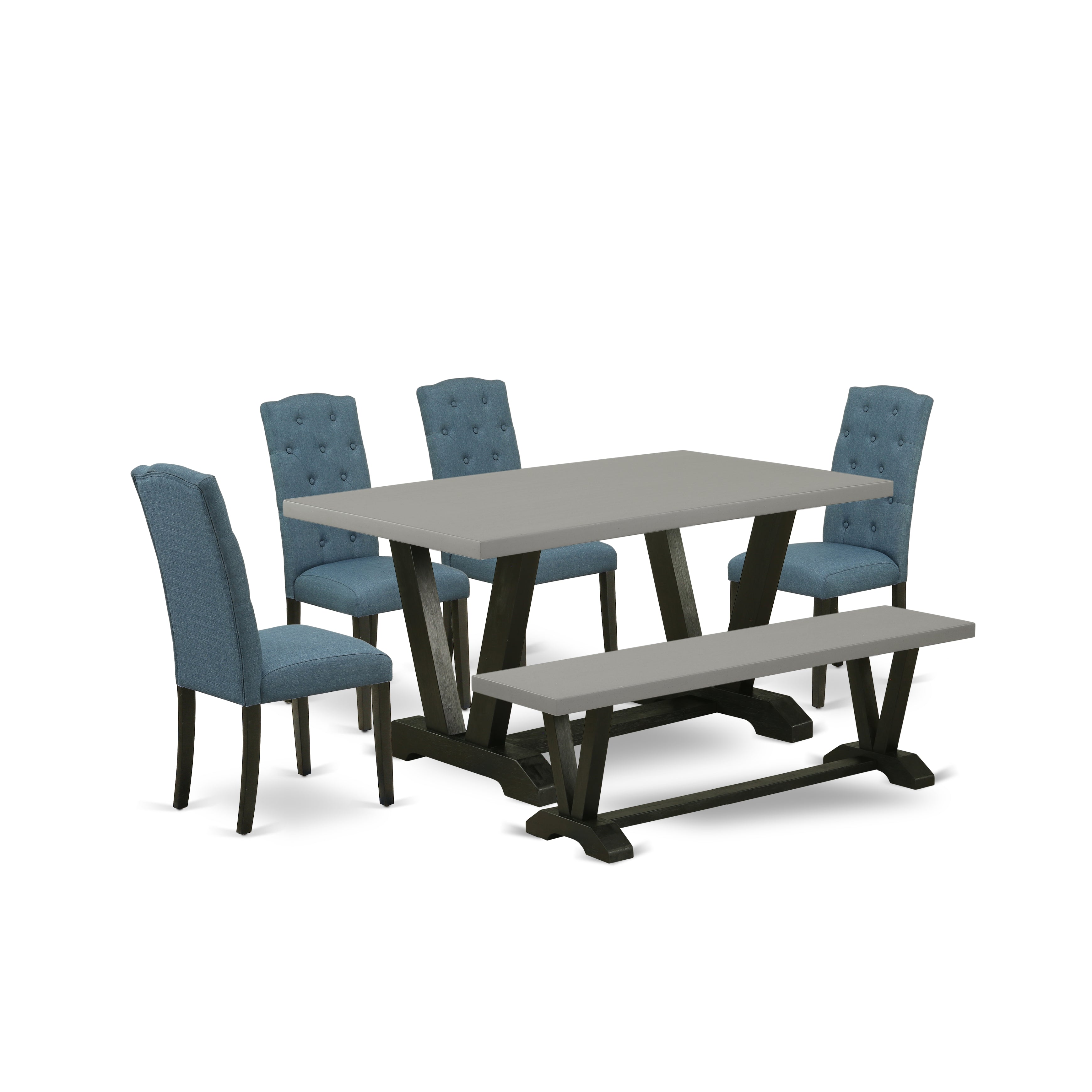 East West Furniture V696CE121-6 6 Pc Table Set Consists of a Cement Kitchen Table and a Dining Room Bench, 4 Blue Linen Fabric Modern Dining Chairs with Button Tufted Back - Wire Brushed Black Finish