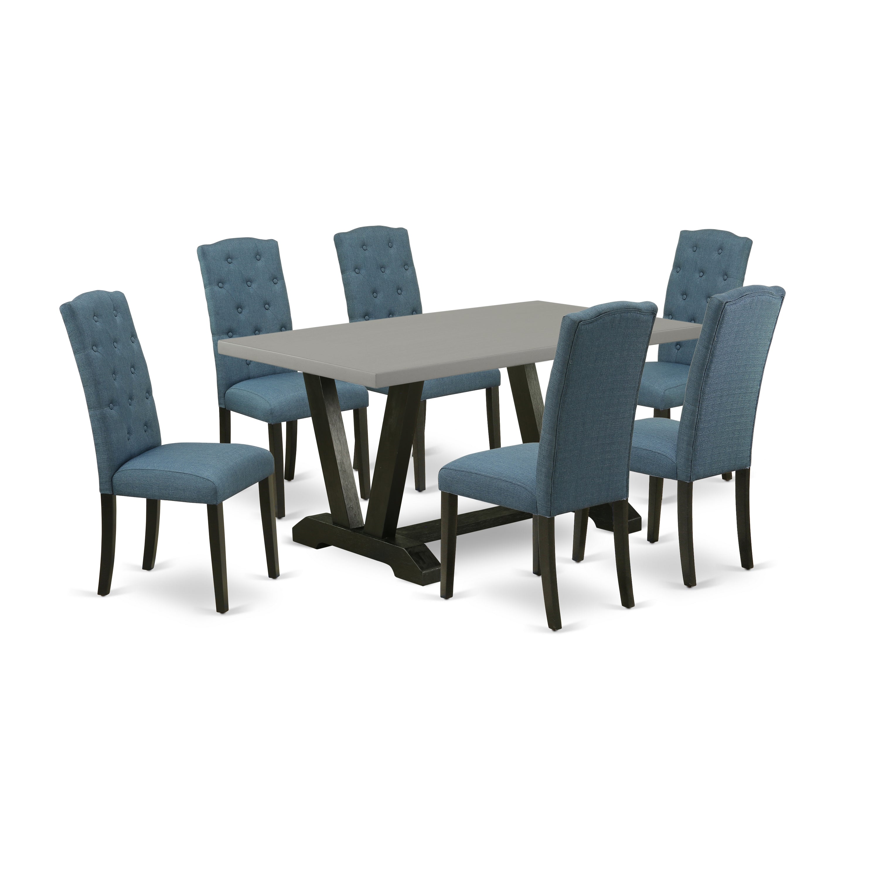 Juego de comedor de 7 piezas East West Furniture V696CE121-7 compuesto por una mesa de comedor rectangular con patas en V y 6 sillas Parson de tela de lino azul mineral.