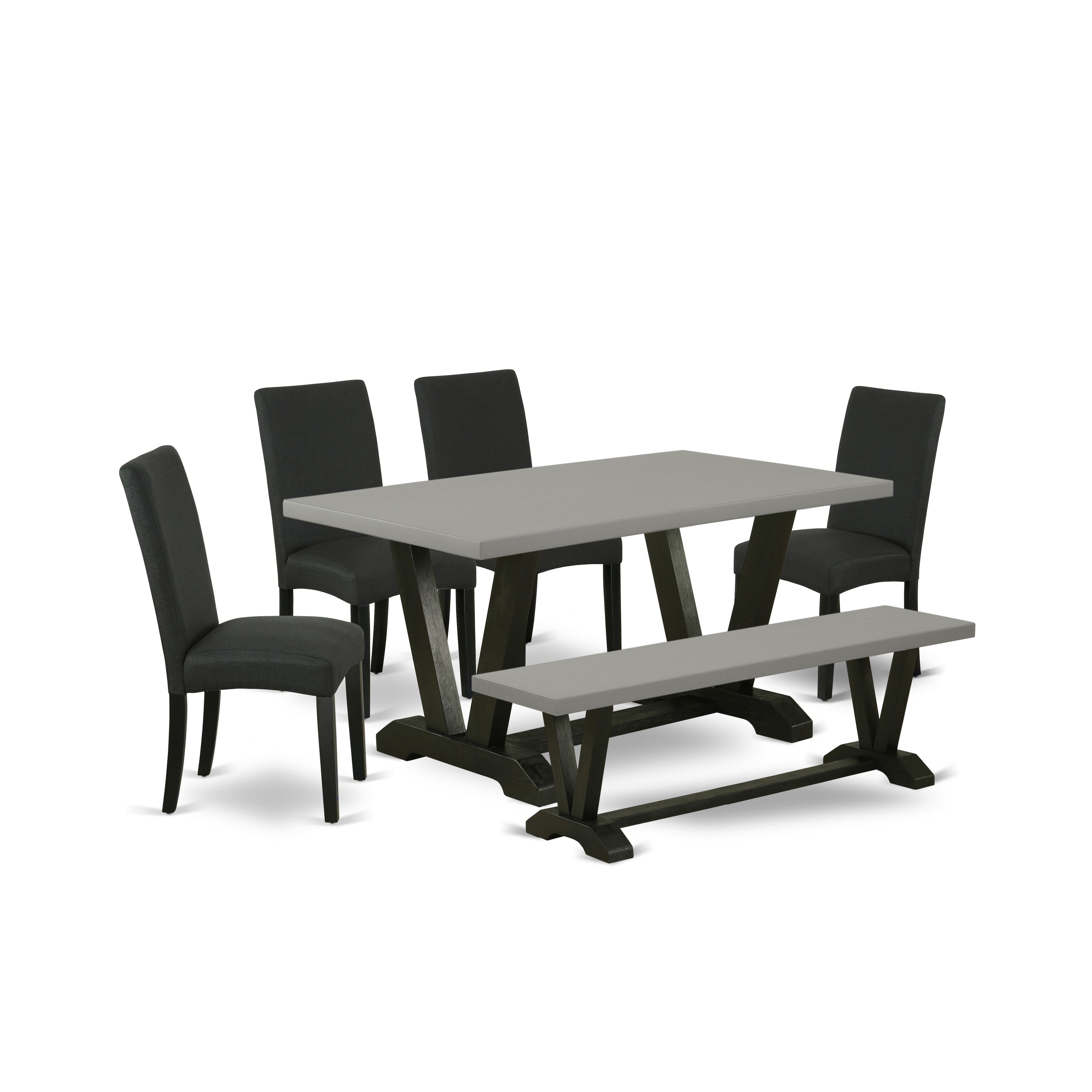 East West Furniture V696DR124-6 6-Pc Modern Dining Set- 4 Dining Padded Chairs with Black Linen Fabric Seat and Stylish Chair Back - Rectangular top & Wooden Legs Dining Table and Kitchen Bench - Cement and Black Finish
