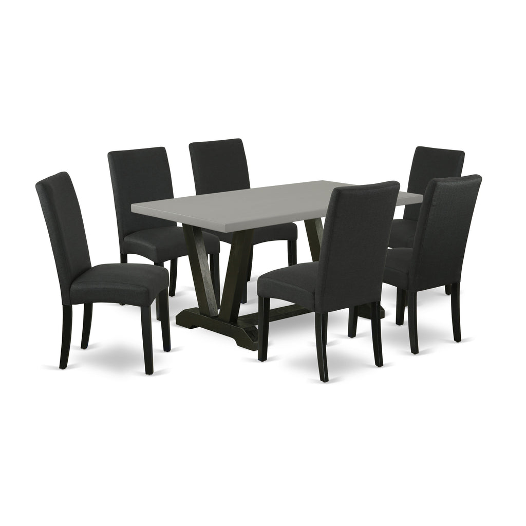 East West Furniture V696DR124-7 7 Piece Dining Table Set Consist of a Rectangle Dining Room Table with V-Legs and 6 Black Color Linen Fabric Upholstered Chairs