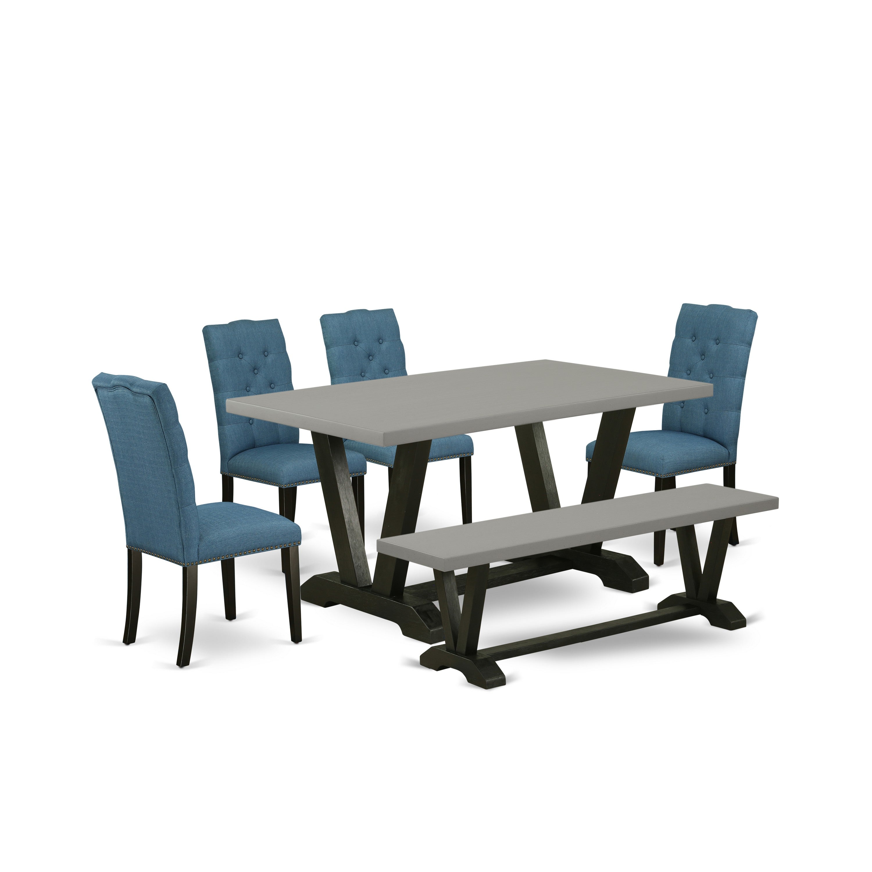 East West Furniture V696EL121-6 6-Piece Dinette Set with Wood Dining Table and Dining Bench - 4 Linen Fabric Kitchen Chairs (Wire Brushed Black Finish)