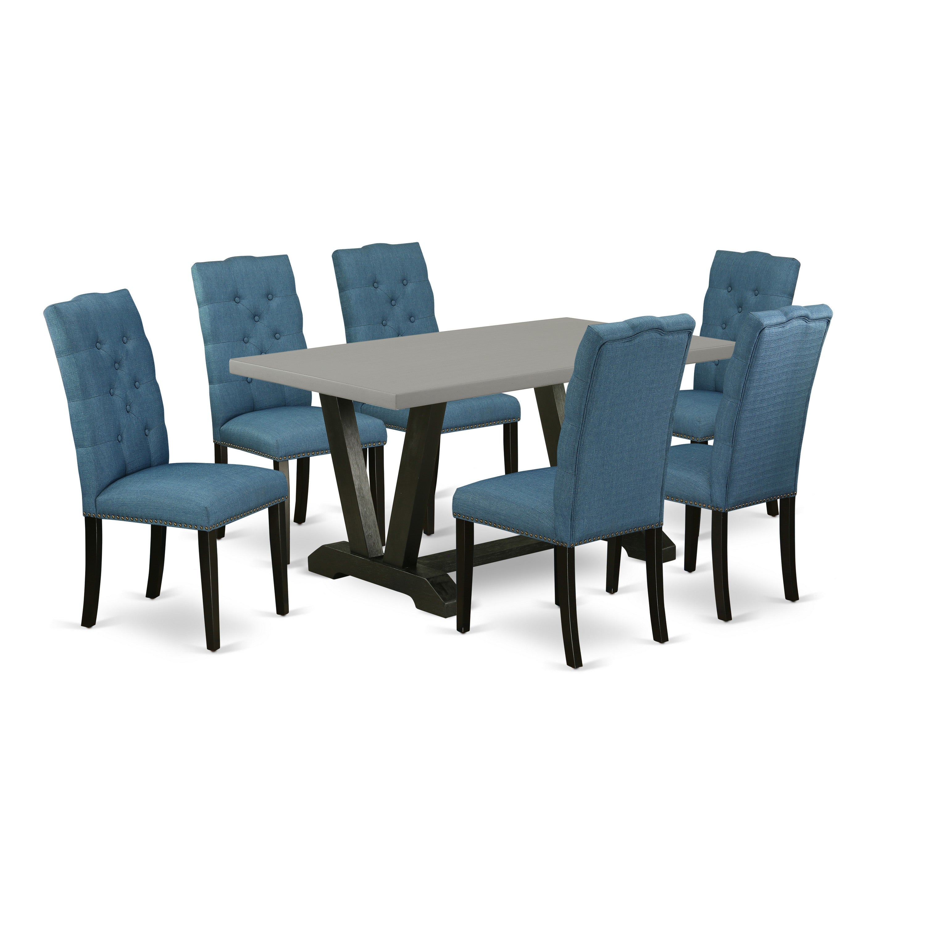 East West Furniture V696EL121-7 7-Piece Dining Room Table Set with Dining Table - 6 Linen Fabric Parson dining room chairs (Wire Brushed Black Finish)