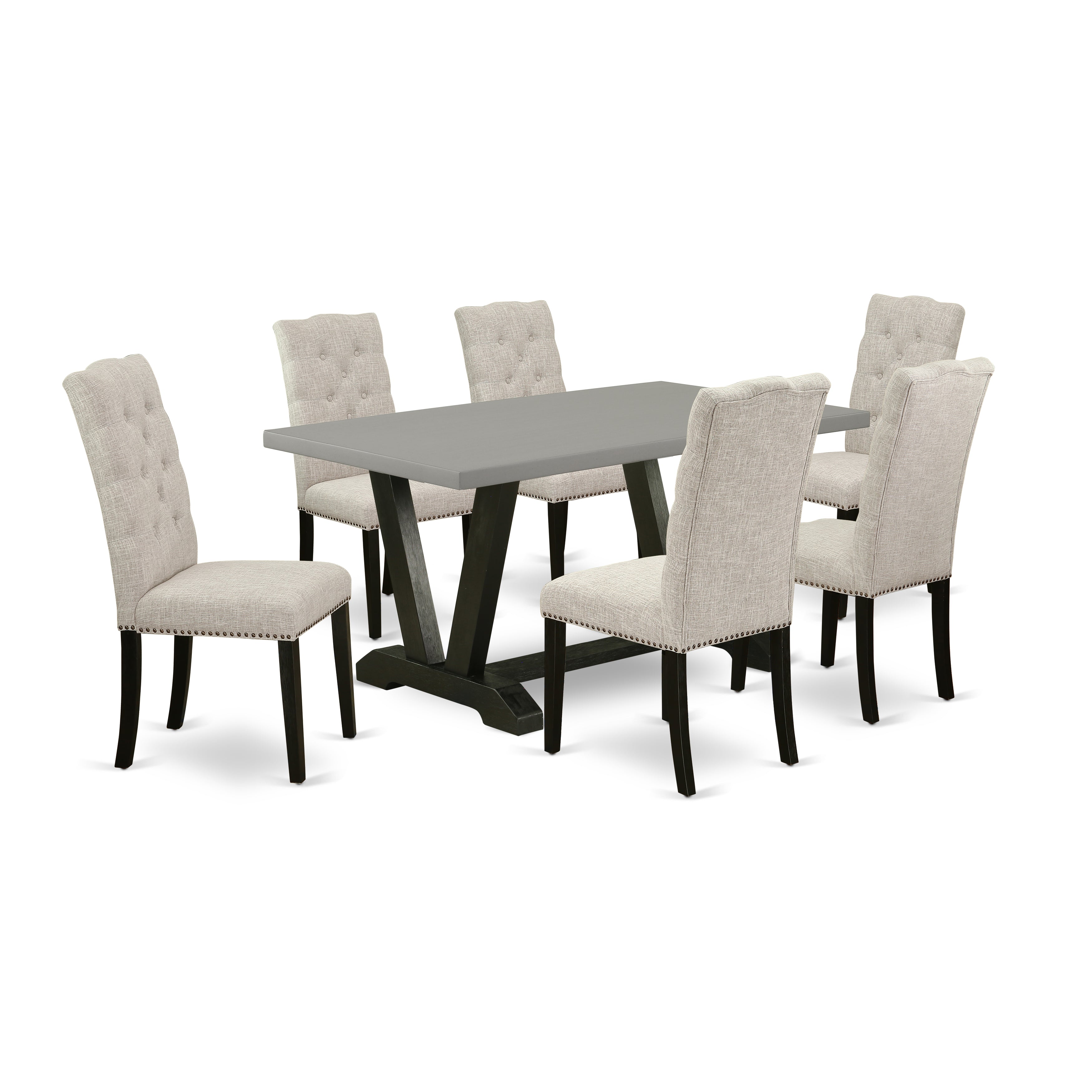 Juego de mesa y sillas de cocina de 7 piezas East West Furniture V696EL635-7. Incluye una mesa de comedor rectangular con patas en V y 6 sillas Parson de tela de lino y piel de venado.