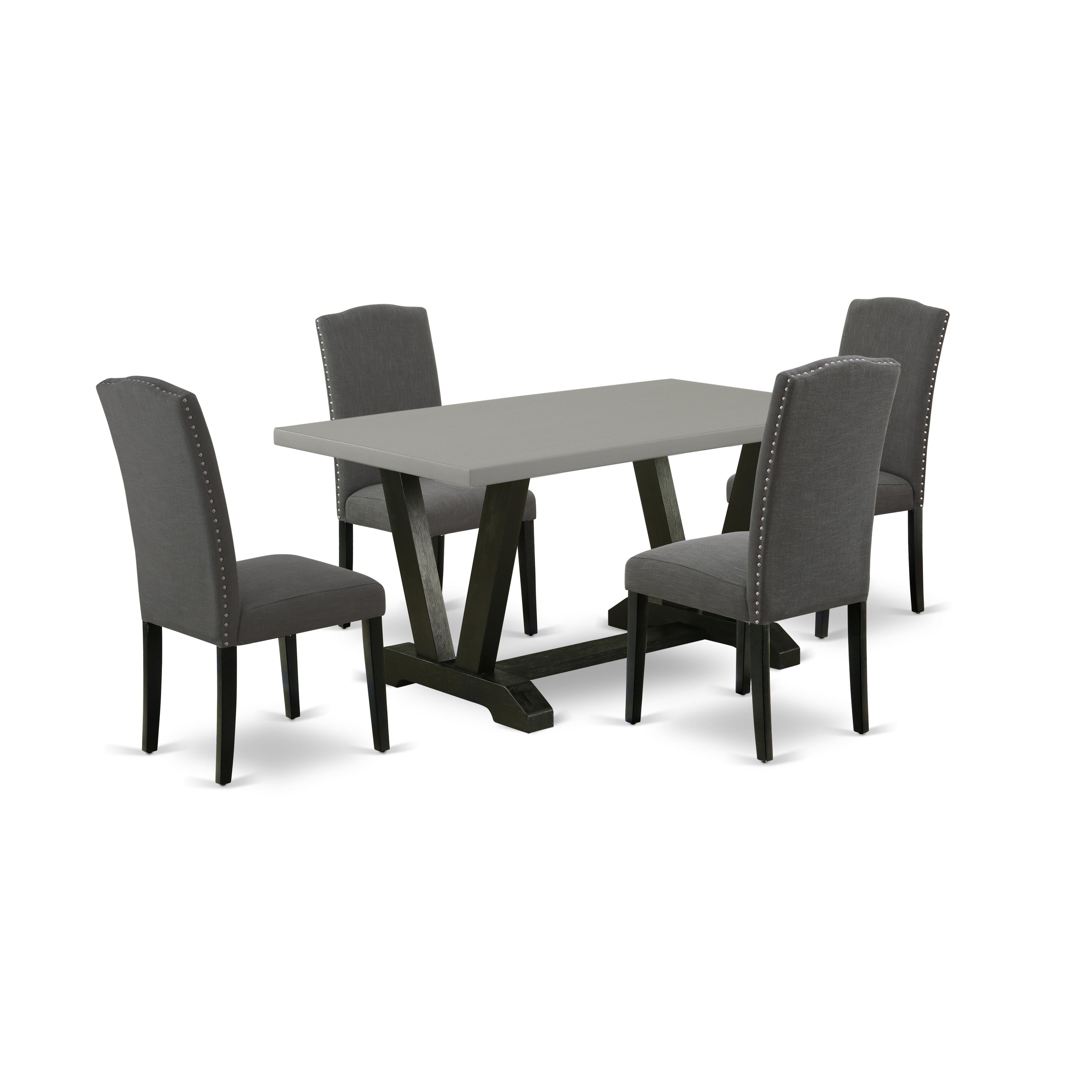Juego de mesa de comedor moderna de 5 piezas East West Furniture V696EN120-5. Incluye una mesa rectangular de madera con patas en V y 4 sillas tapizadas en tela de lino Gotham oscuro.