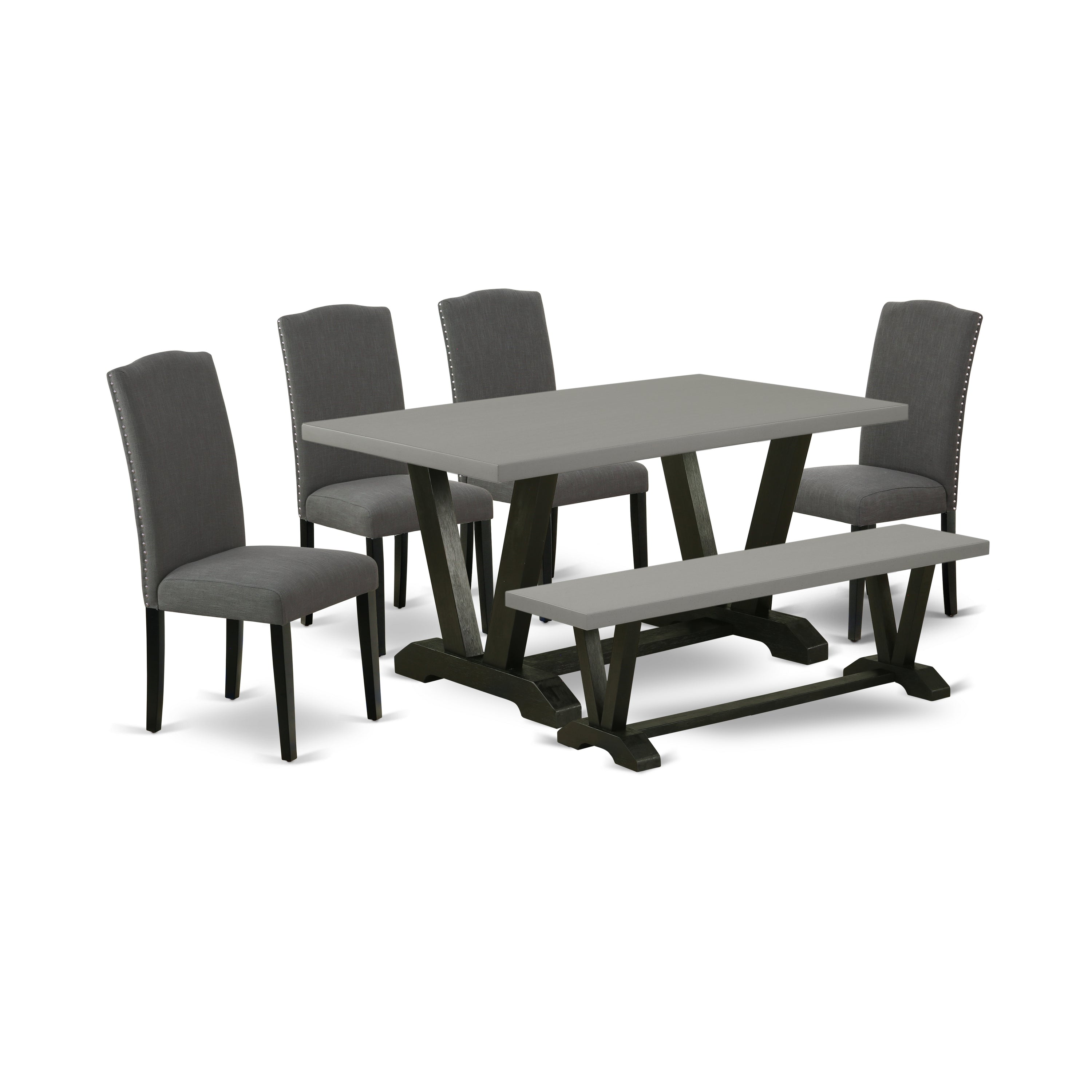 Juego de comedor de 6 piezas East West Furniture V696EN120-6. Contiene una mesa de comedor rectangular con patas en V y 4 sillas Parson de tela de lino Gotham oscuro con un banco.